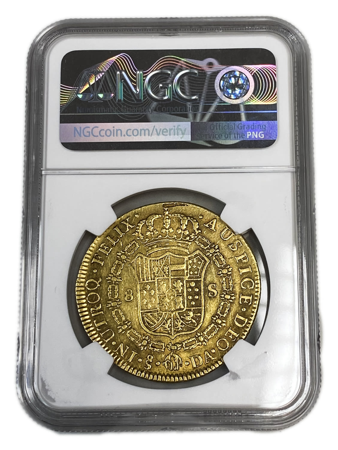 Chile – 8 Escudos – Carlos IV bust of Carlos III, CAROL IIII – NGC XF 45 – Gold 875, 27.06g, 37mm - 1 3