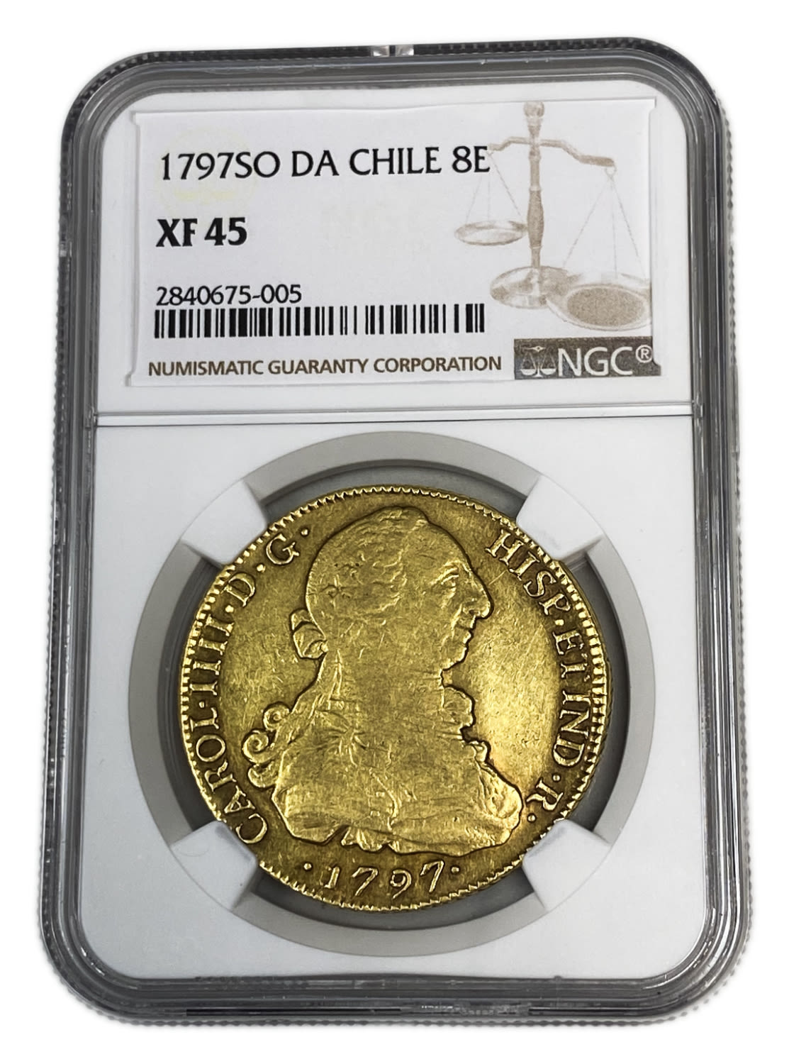 Chile – 8 Escudos – Carlos IV bust of Carlos III, CAROL IIII – NGC XF 45 – Gold 875, 27.06g, 37mm - 1 2