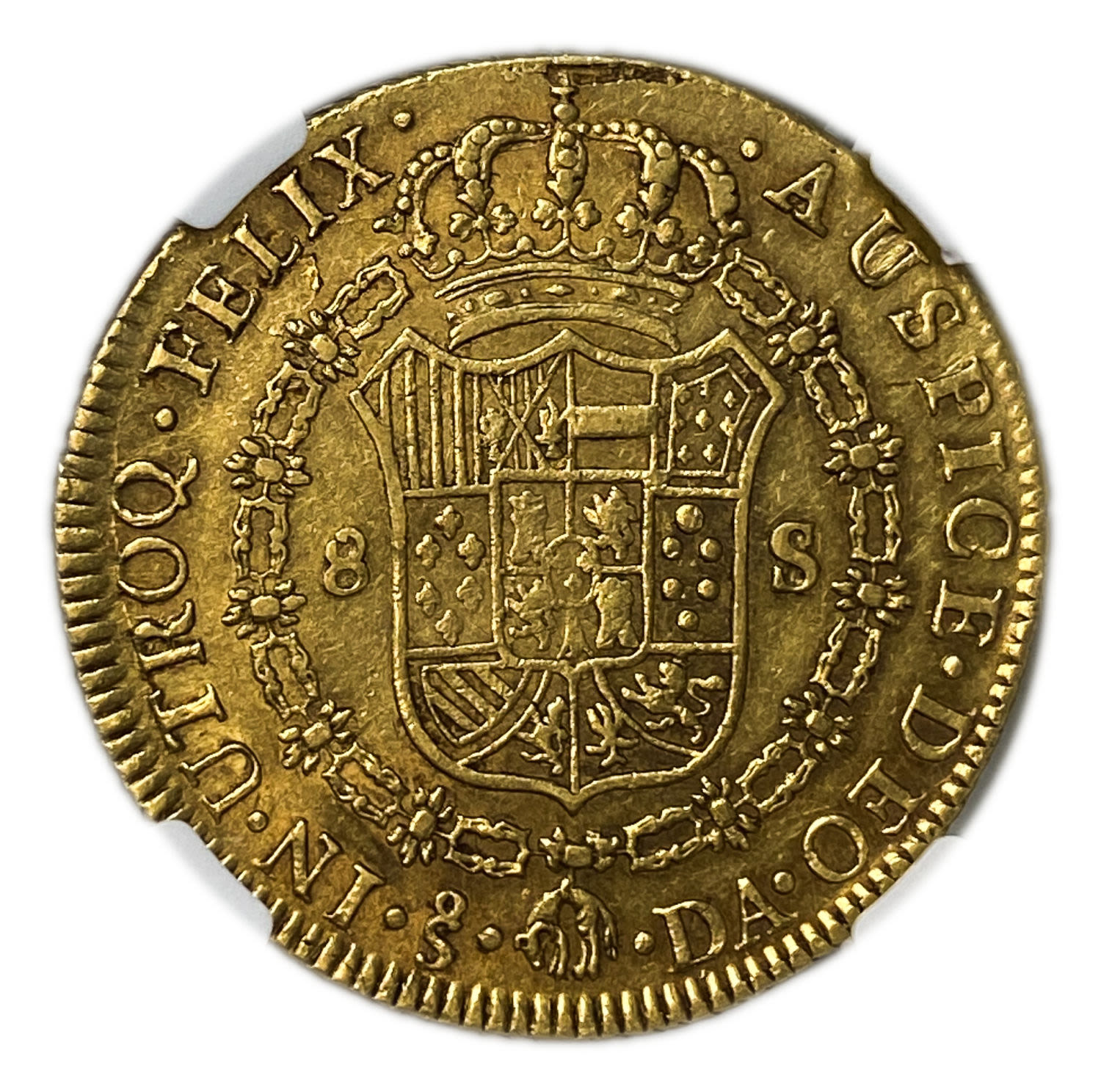 Chile – 8 Escudos – Carlos IV bust of Carlos III, CAROL IIII – NGC XF 45 – Gold 875, 27.06g, 37mm - 1 1