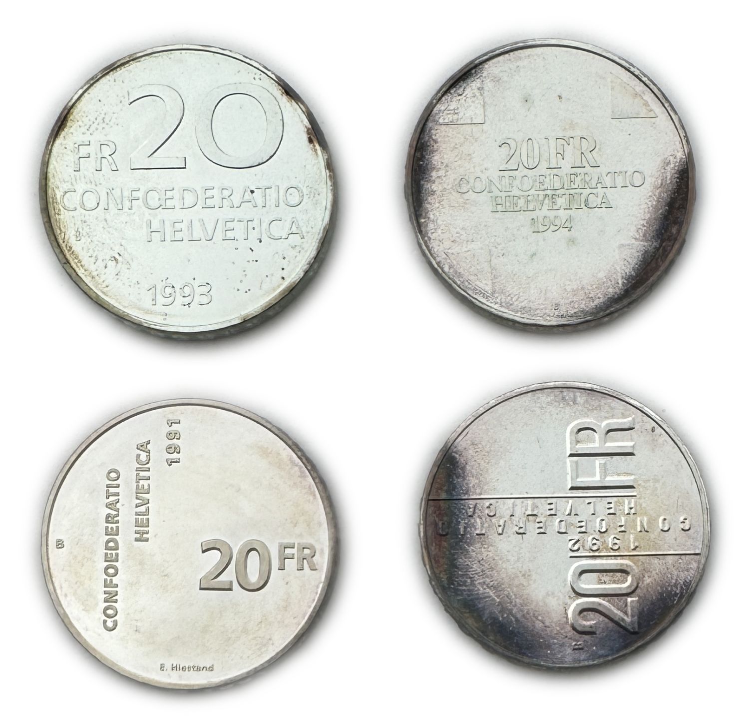 Switzerland - Lot of 4 coins of 20 Francs 1991, 1992, 1993, 1994 - Silver 835, 80g total, 32.8mm - UNC - 1 1