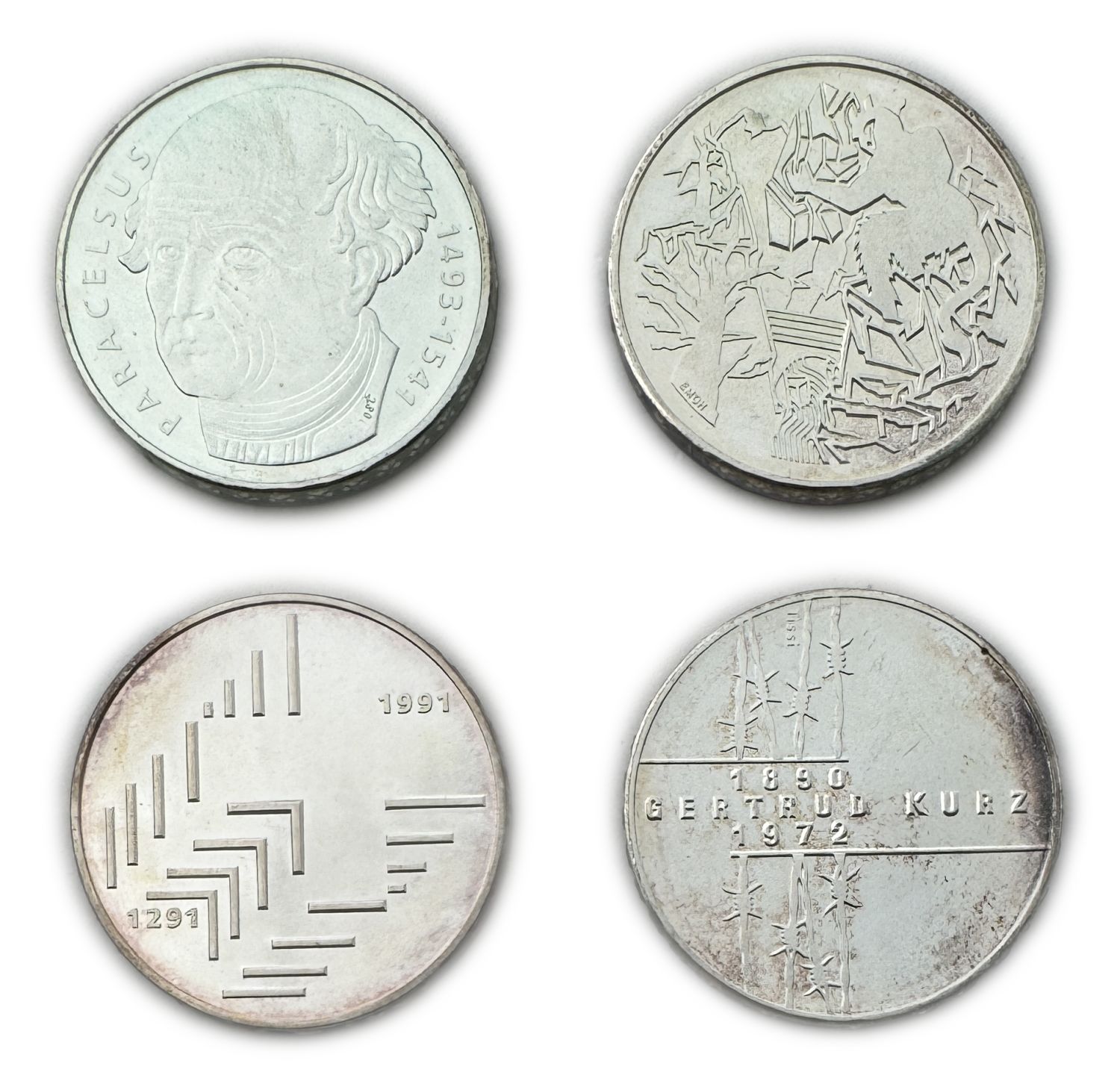 Switzerland - Lot of 4 coins of 20 Francs 1991, 1992, 1993, 1994 - Silver 835, 80g total, 32.8mm - UNC - 1 0