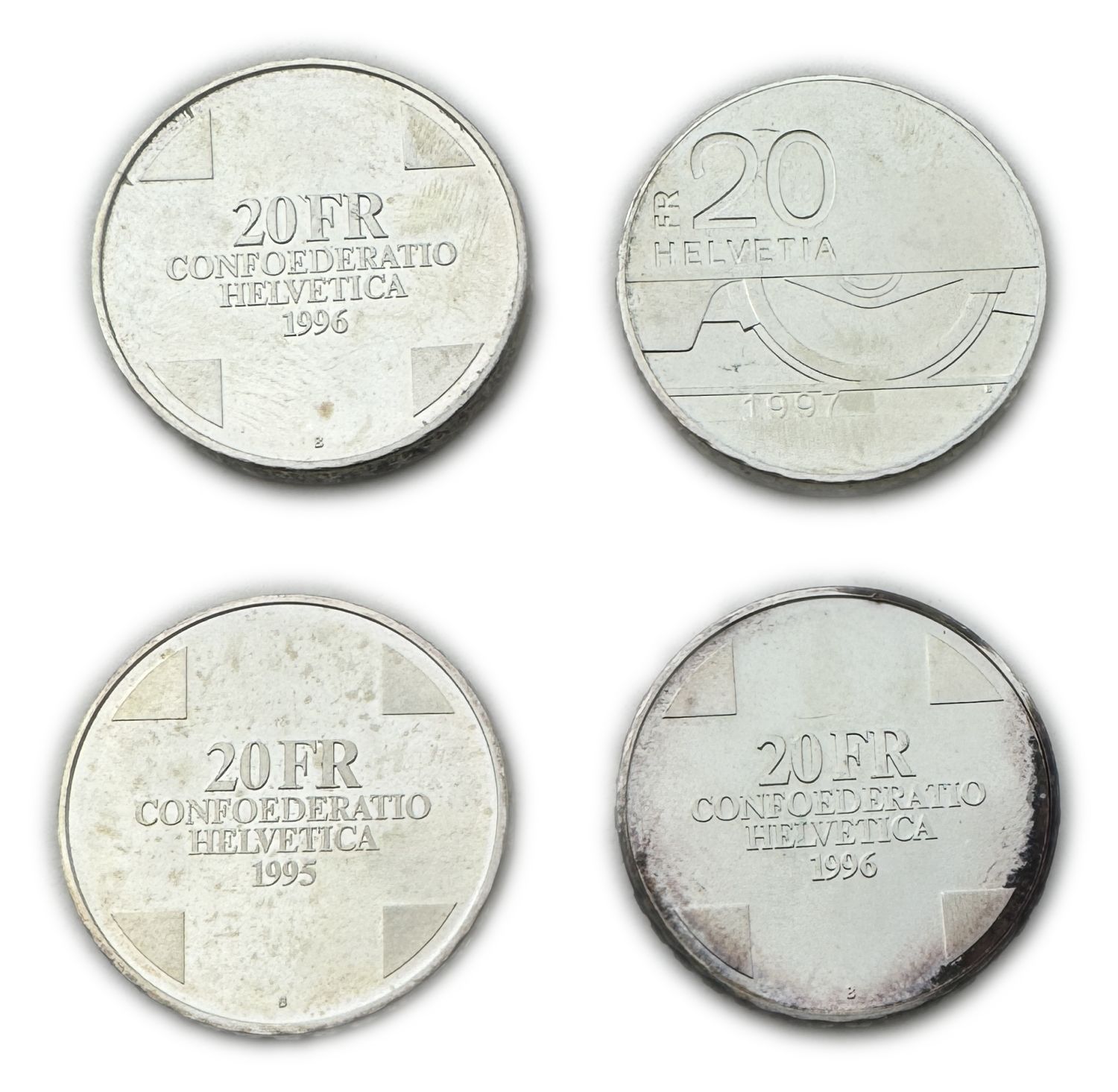 Switzerland - Lot of 4 coins of 20 Francs 1995, 1996, 1997 - Silver 835, 80g total, 32.8mm - UNC - 1 1
