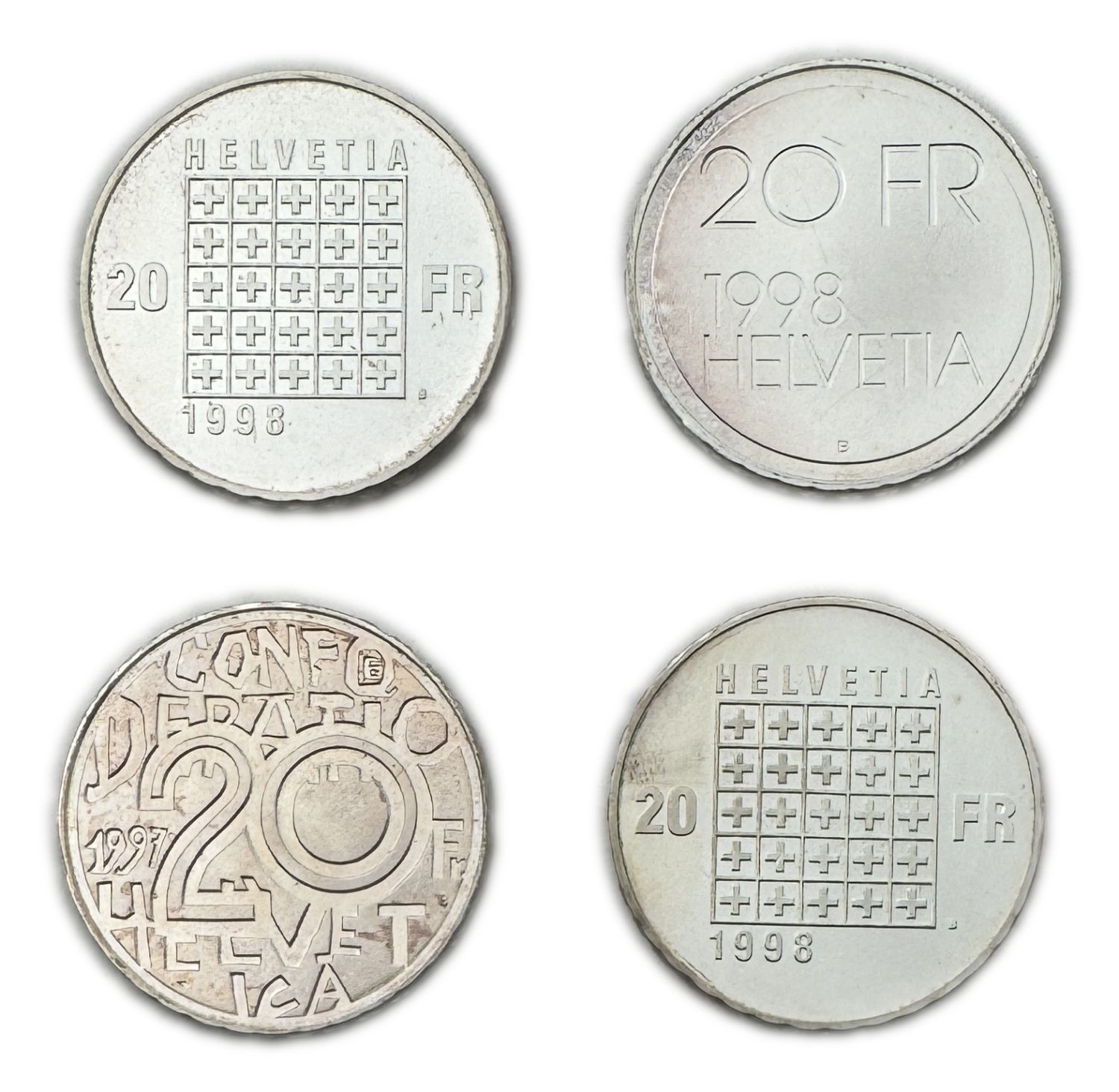 Switzerland - Lot of 4 coins of 20 Francs 1997, 1998 - Silver 835, 80g total, 32.8mm - UNC - 1 1