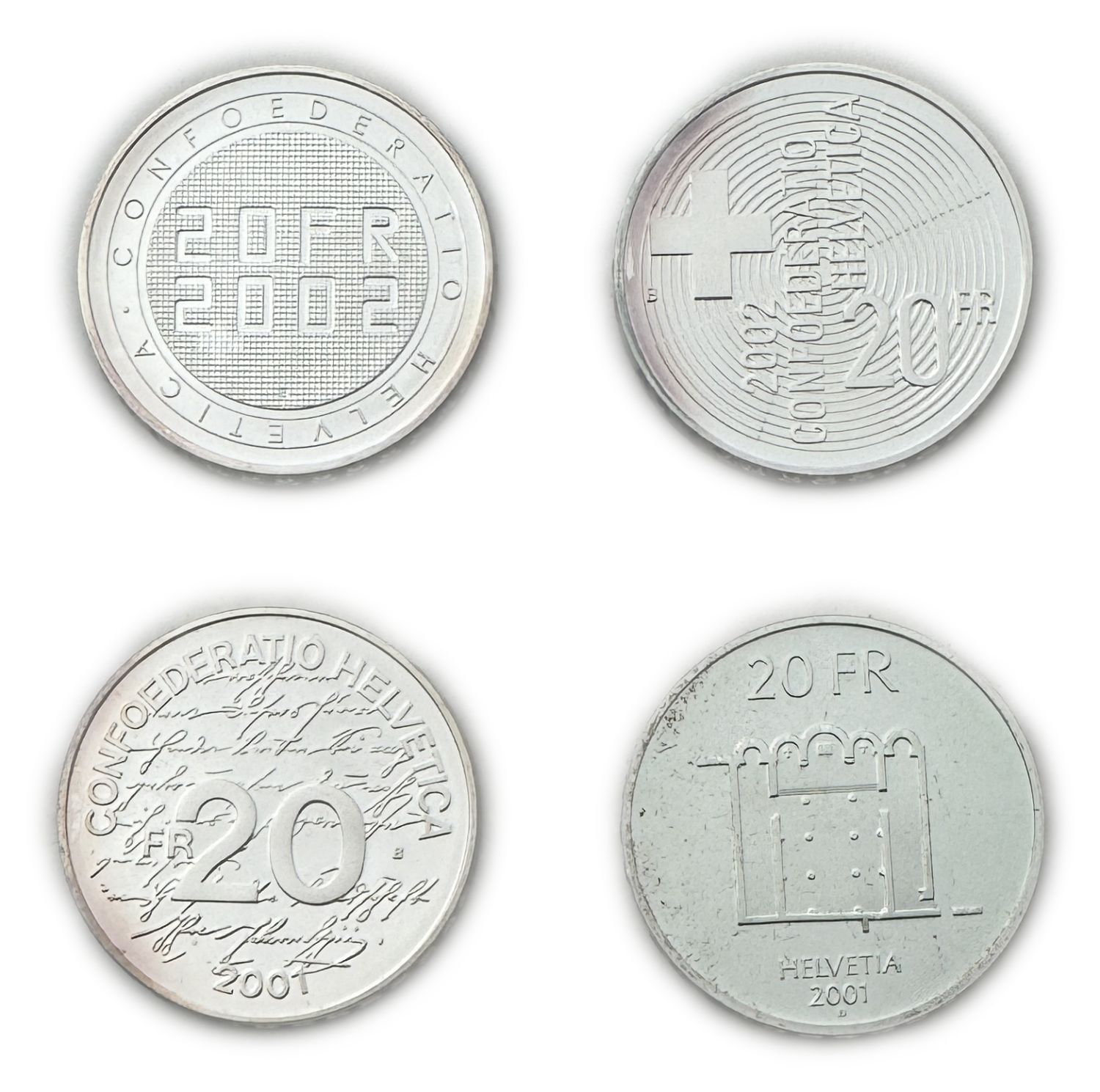 Switzerland - Lot of 4 coins of 20 Francs 2001, 2002 - Silver 835, 80g total, 32.8mm - UNC - 1 1