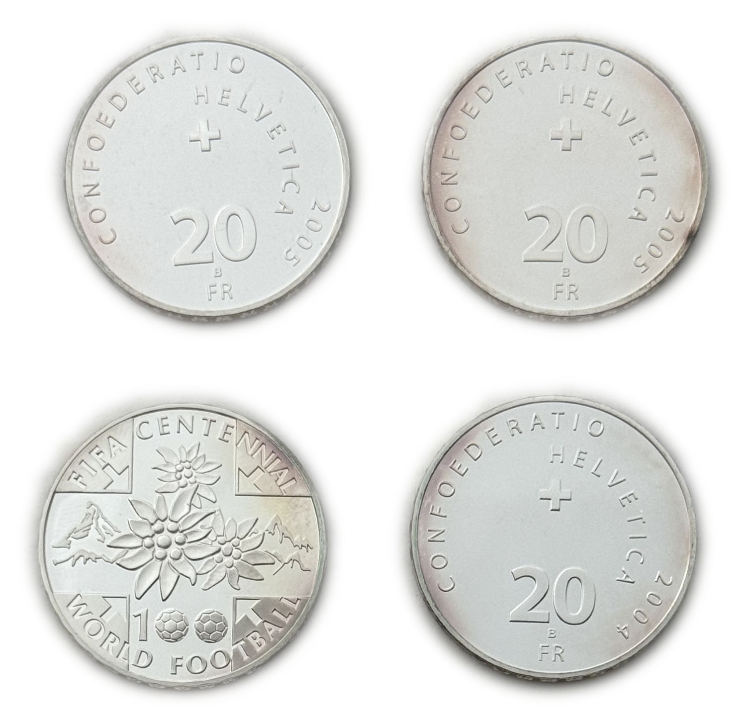 Switzerland - Lot of 4 coins of 20 Francs 2014, 2004, 2005 - Silver 835, 80g total, 32.8mm - UNC - 1 1