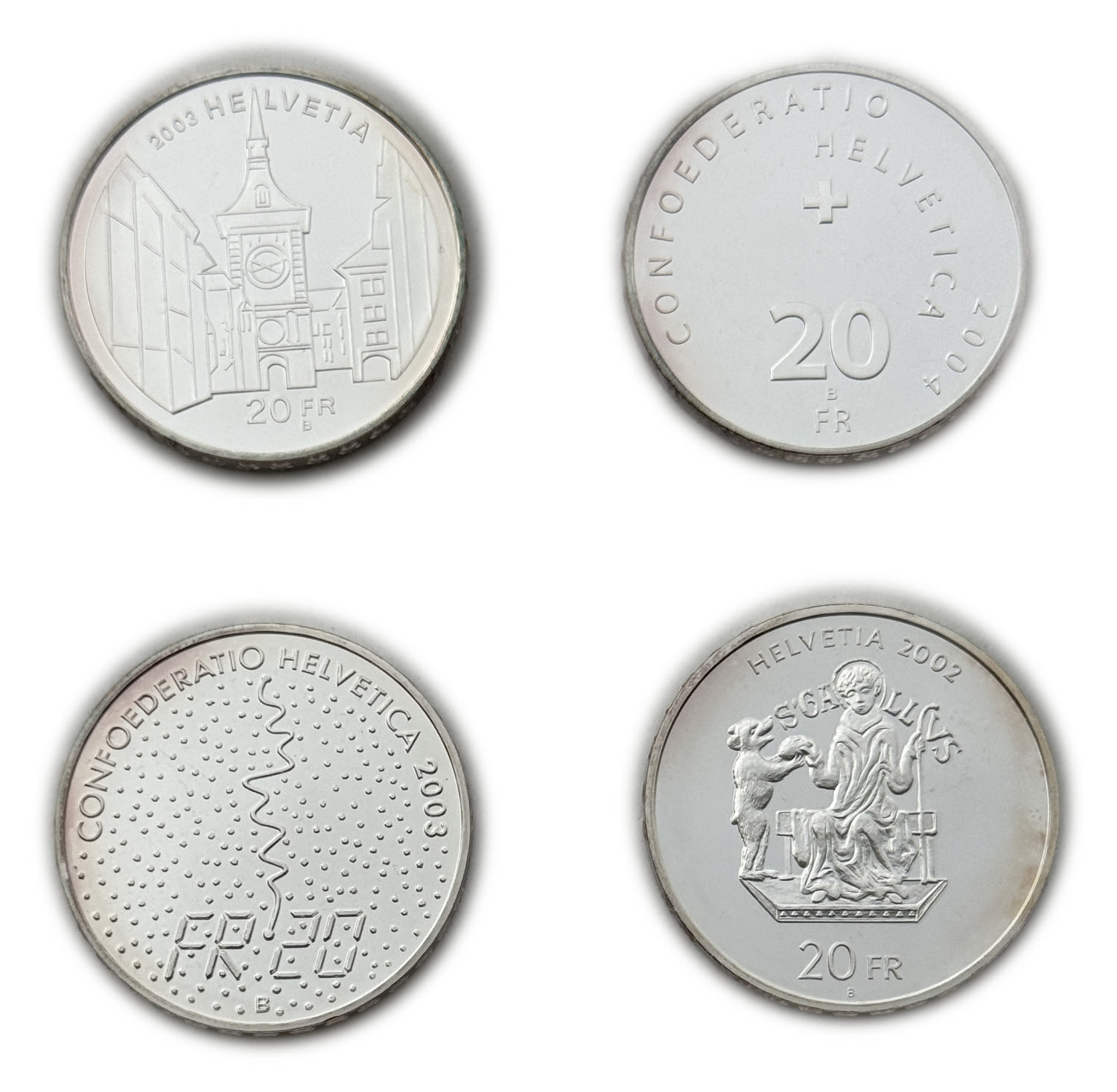 Switzerland - Lot of 4 coins of 20 Francs 2002, 2003, 2004 - Silver 835, 80g total, 32.8mm - UNC - 1 1