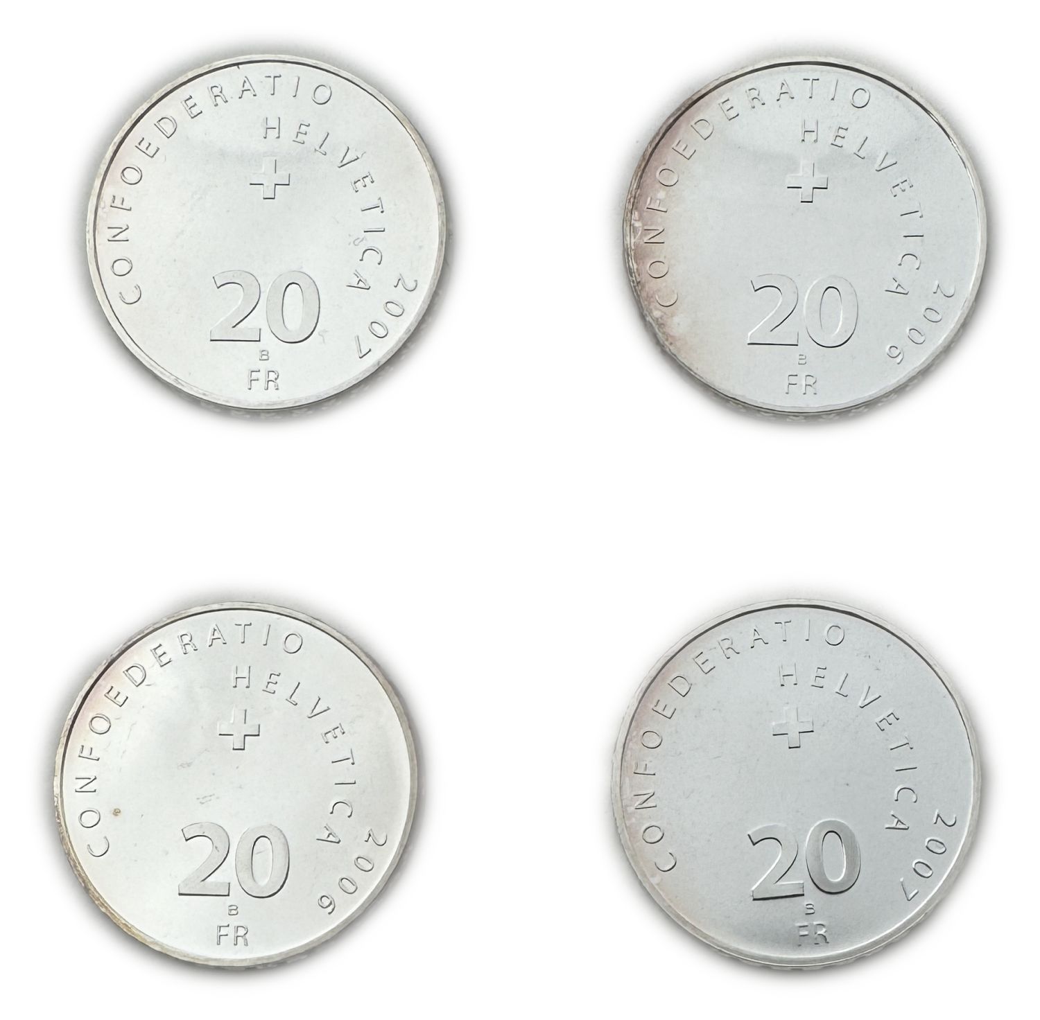 Switzerland - Lot of 4 coins of 20 Francs 2006, 2007 - Silver 835, 80g total, 32.8mm - UNC - 1 1