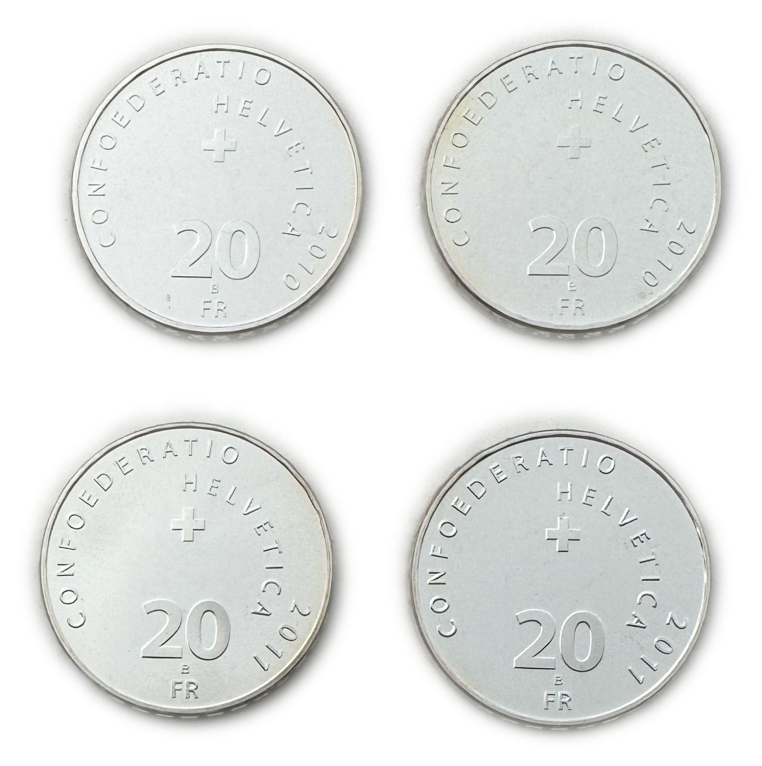 Switzerland - Lot of 4 coins of 20 Francs 2010, 2011 - Silver 835, 80g total, 32.8mm - UNC - 1 1