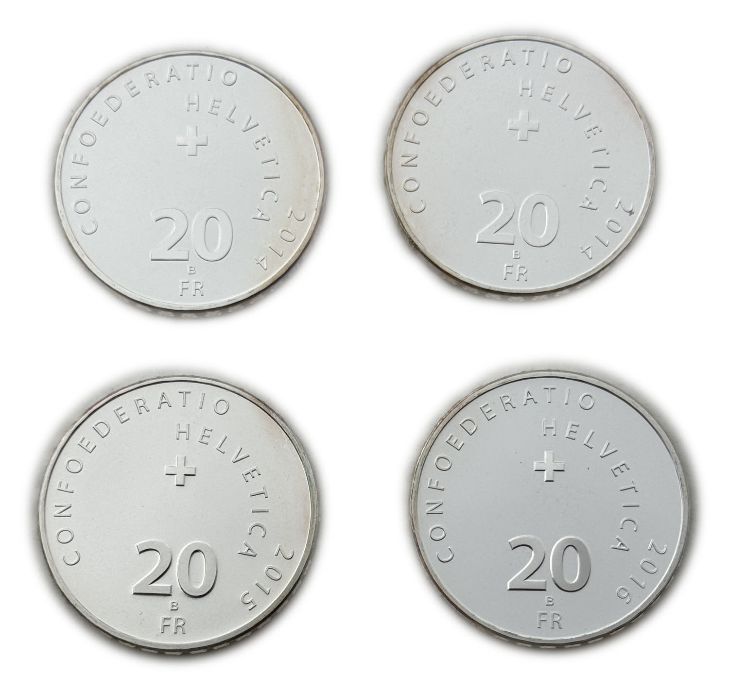 Switzerland - Lot of 4 coins of 20 Francs 2014, 2015, 2016 - Silver 835, 80g total, 32.8mm - UNC - 1 1