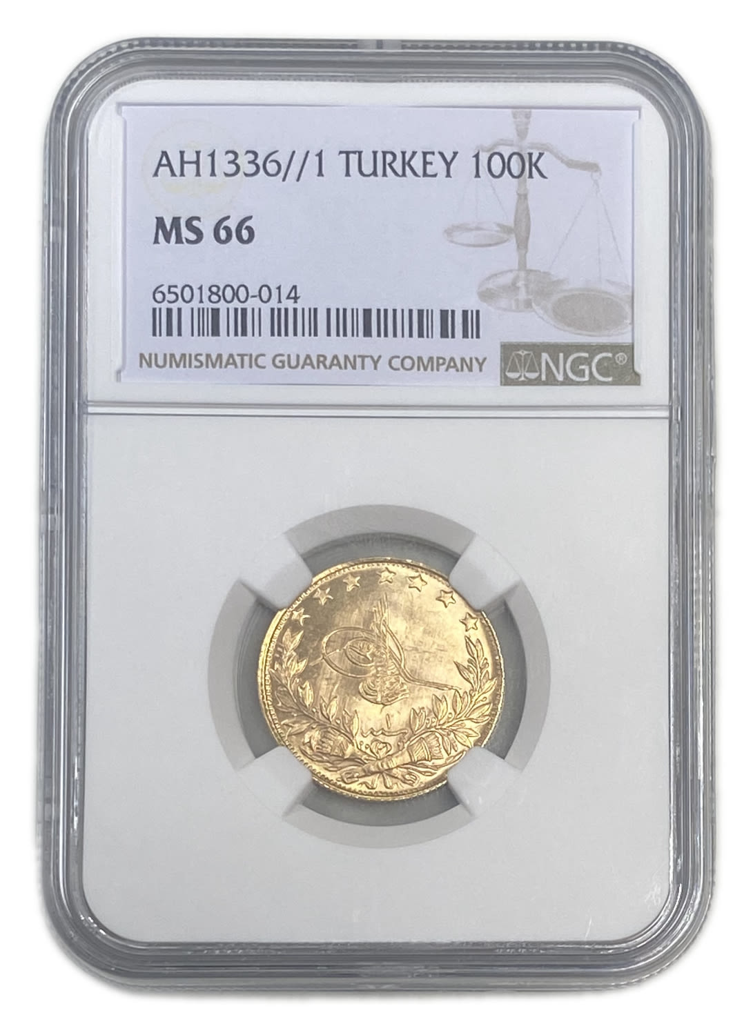 Ottoman Empire - 100 Kurush 1918-1922 (AH 1336), year 1 (1918) - Mehmed VI - Gold 916, 7.16g NGC MS 66 - TOP POP - Rare - 1 2