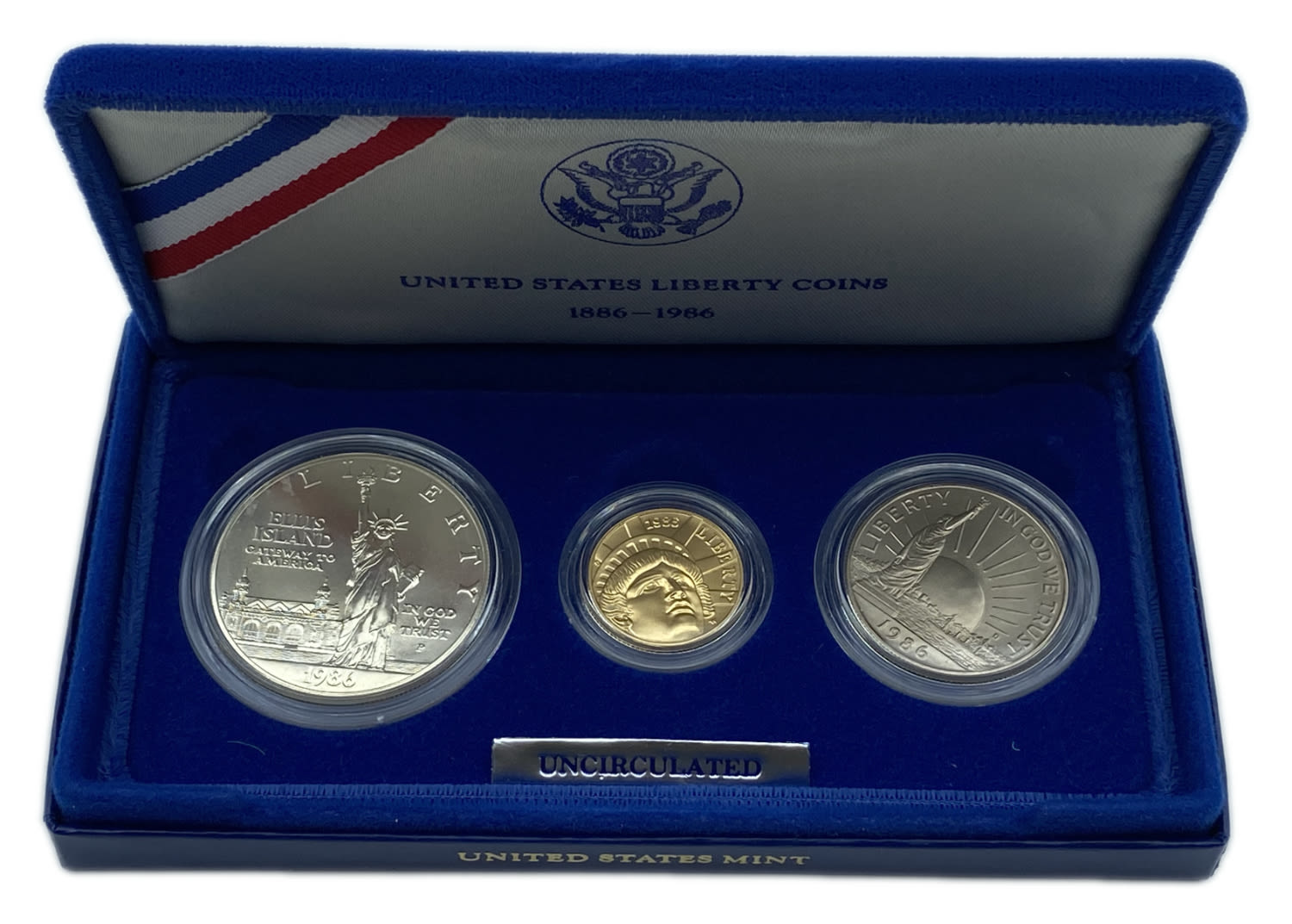 USA - 3 coins set - Liberty - commemorative coins 1986 - 5 Dollars 1986, Gold 900, 8.359g. 1 Dollar, silver 900, 26.73g - 1 2