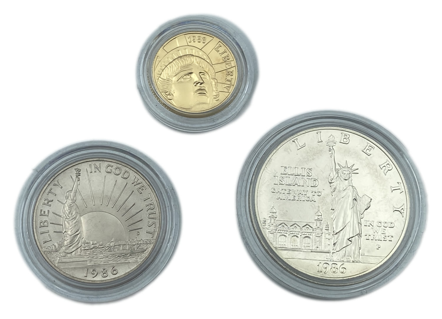 USA - 3 coins set - Liberty - commemorative coins 1986 - 5 Dollars 1986, Gold 900, 8.359g. 1 Dollar, silver 900, 26.73g - 1 3