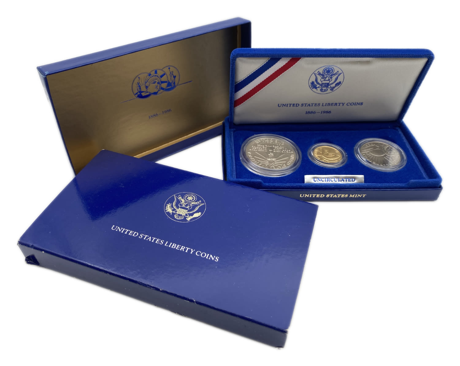 USA - 3 coins set - Liberty - commemorative coins 1986 - 5 Dollars 1986, Gold 900, 8.359g. 1 Dollar, silver 900, 26.73g - 1 0