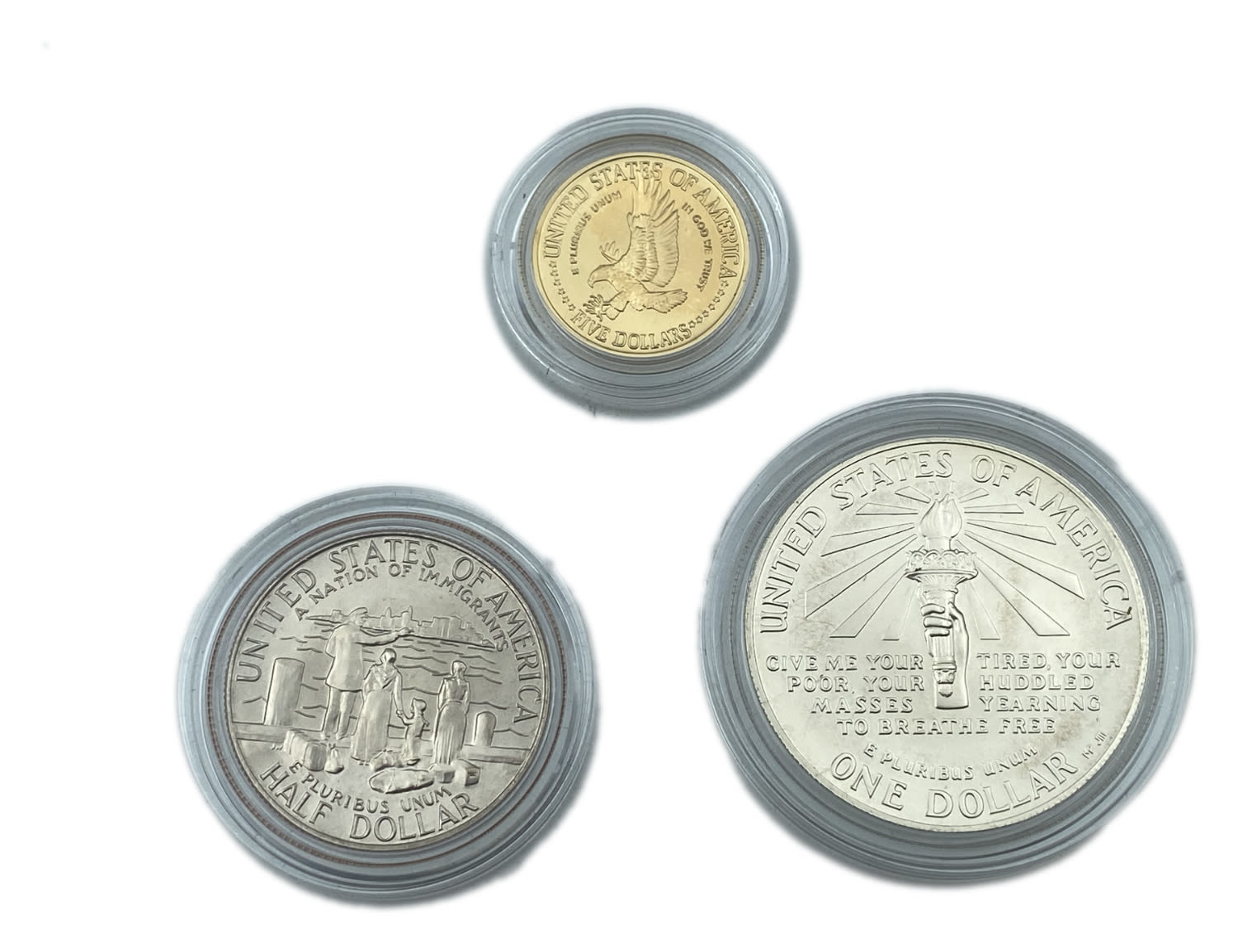 USA - 3 coins set - Liberty - commemorative coins 1986 - 5 Dollars 1986, Gold 900, 8.359g. 1 Dollar, silver 900, 26.73g - 1 4