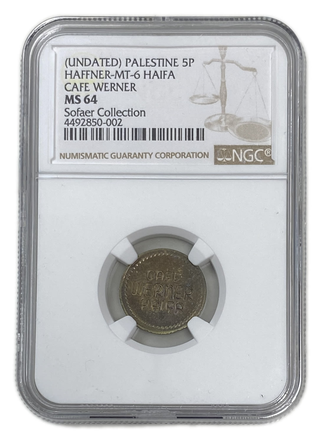 Palestine - Cafe werner token - 5 MIls, bronze - NGC MS 64 - Rare in this high grade - 1 2