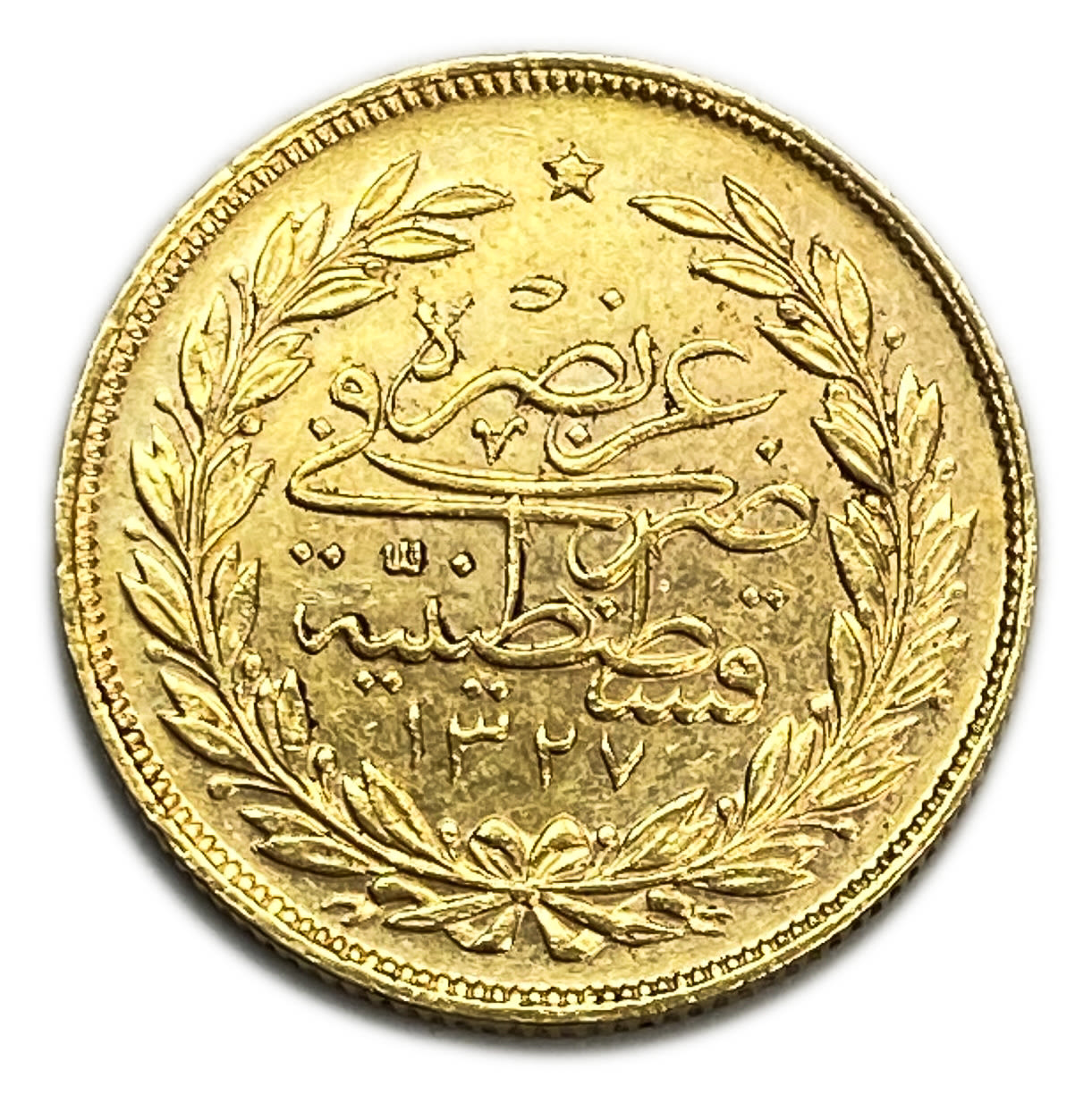 Ottoman Empire - 250 Kurus 1914 (AH 1327 year 6) - Mehmed V - XF - Gold 917, 18.07g, 27.04mm - 1 1