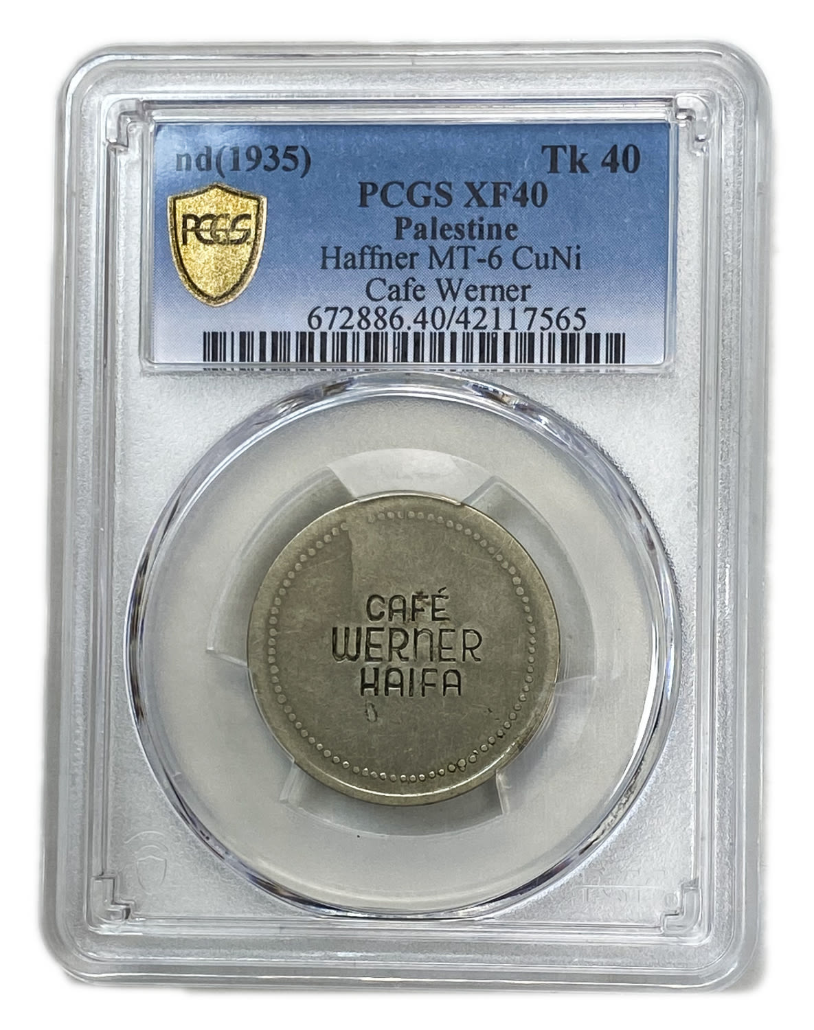 Palestine - Cafe werner token - 40 MIls, bronze, copper-nickel - PCGS XF 40 - Rare - 1 1