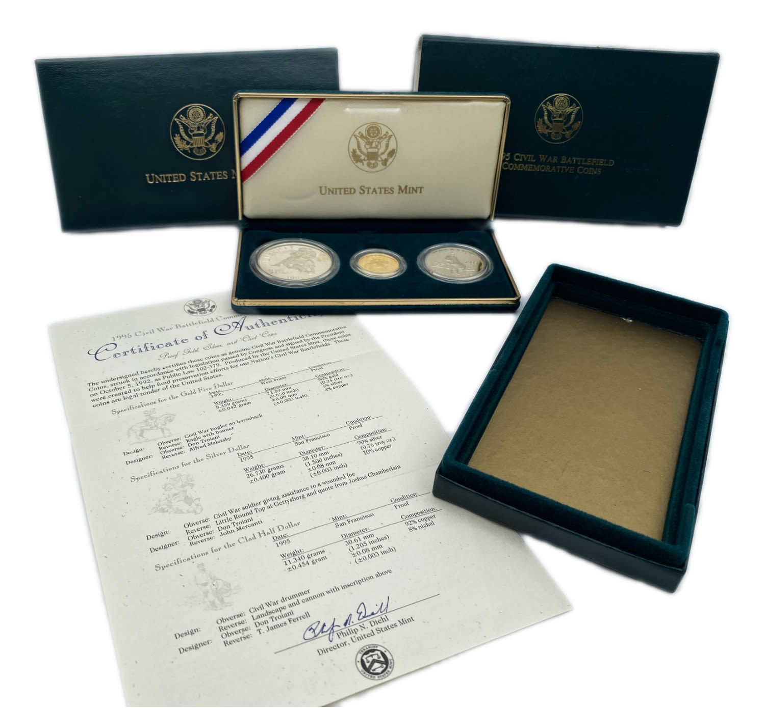 USA - 3 coins set - Civil war battlefield commemorative coins 1995 - 5 Dollars, Gold 900, 8.539g. 1 Dollar, silver ... - 1 3
