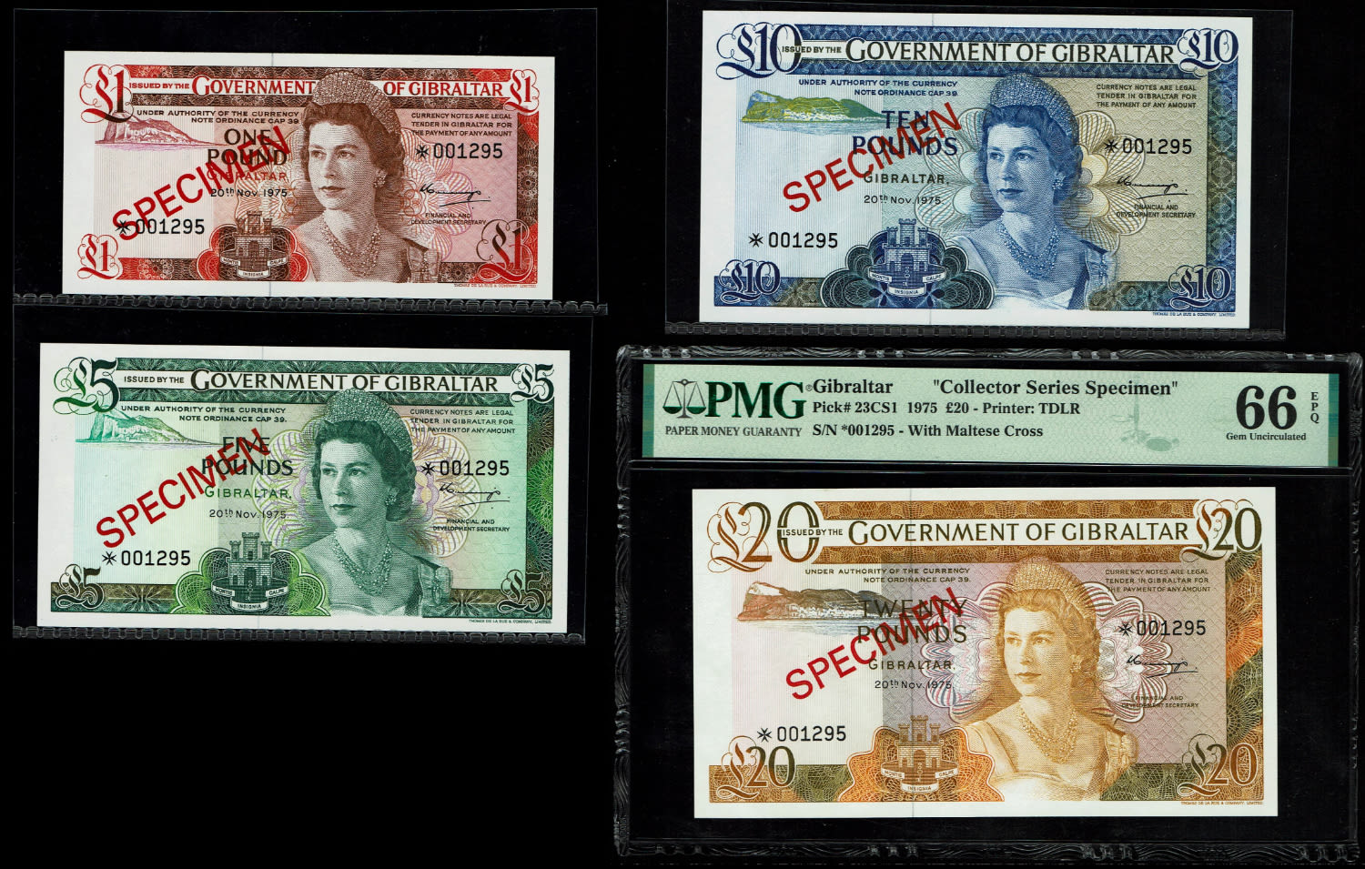Gibraltar - 1, 5, 10 and 20 Pounds 1975 - Elizabeth II - "Collector series Specimen" - 1 0