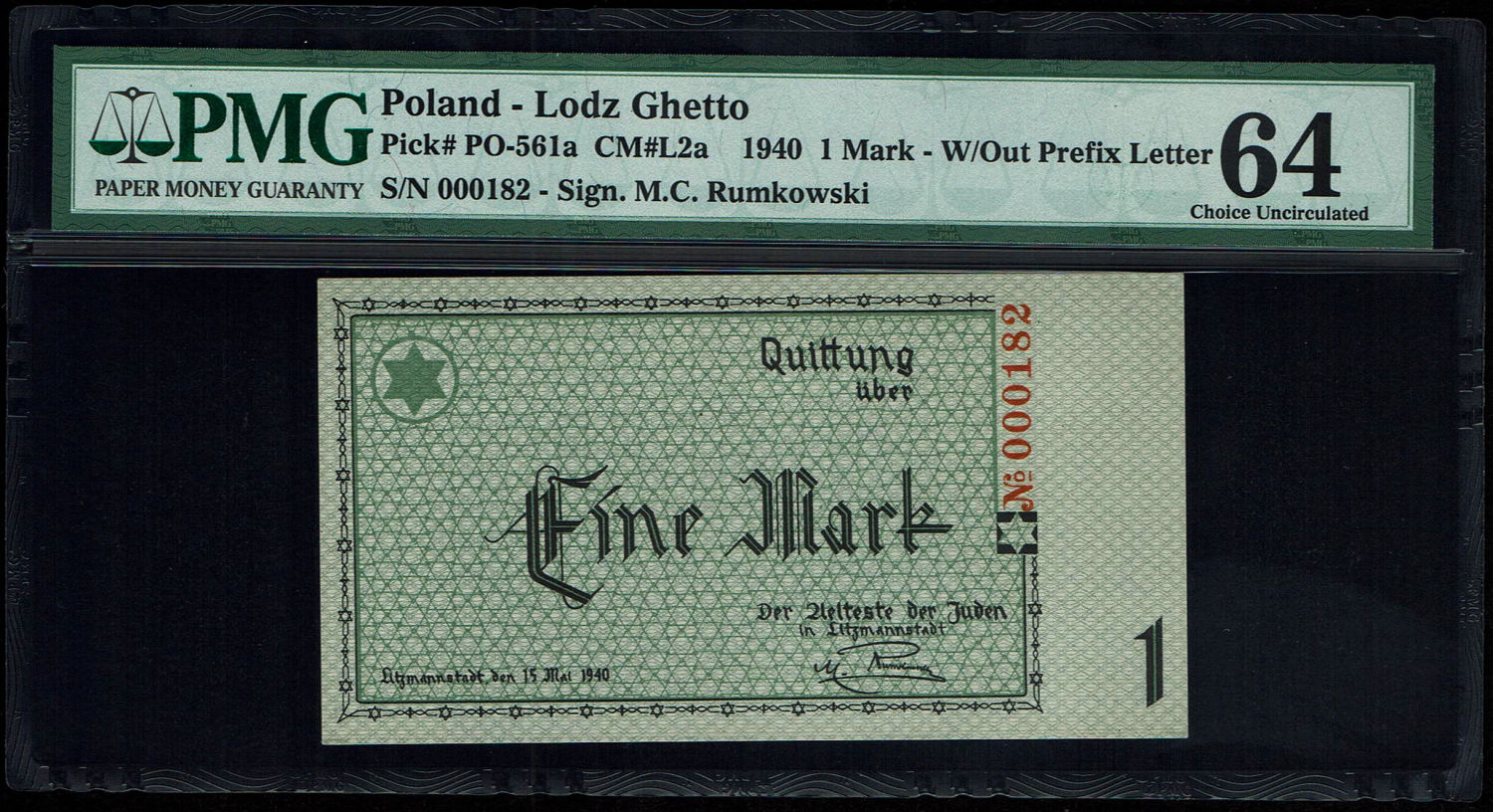 Holocaust concentration camps money - Poland - 1 mark 1940 - ghetto Lodz - Stamped "ENTWERTET" - Low serial number ... - 1 0