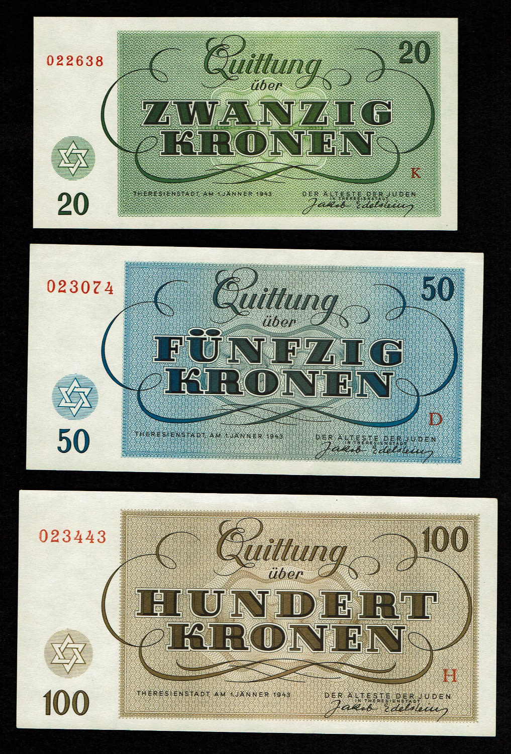 Holocaust concentration camps money - Czechoslovakia - 6 Banknotes 1, 2, 5, 10, 20, 50 Kronen 1943 - Theresientadt ... - 1 4