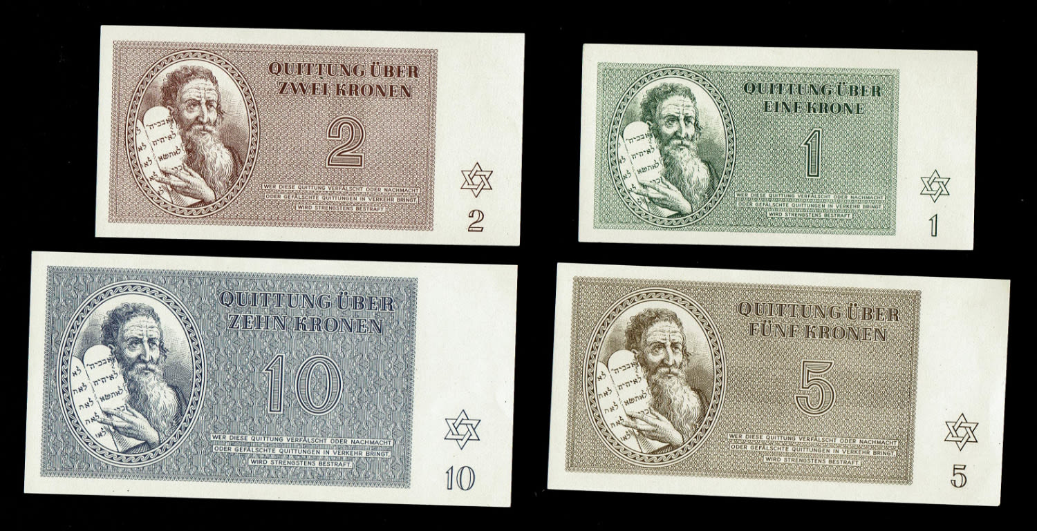 Holocaust concentration camps money - Czechoslovakia - 6 Banknotes 1, 2, 5, 10, 20, 50 Kronen 1943 - Theresientadt ... - 1 1