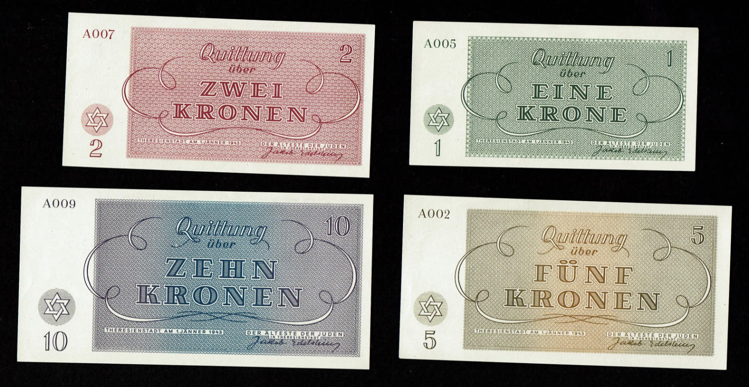 Holocaust concentration camps money - Czechoslovakia - 6 Banknotes 1, 2, 5, 10, 20, 50 Kronen 1943 - Theresientadt ... - 1 2