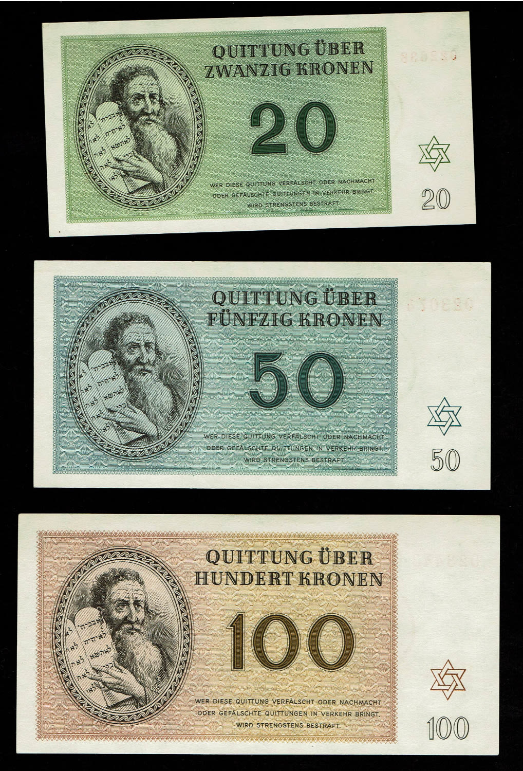 Holocaust concentration camps money - Czechoslovakia - 6 Banknotes 1, 2, 5, 10, 20, 50 Kronen 1943 - Theresientadt ... - 1 3
