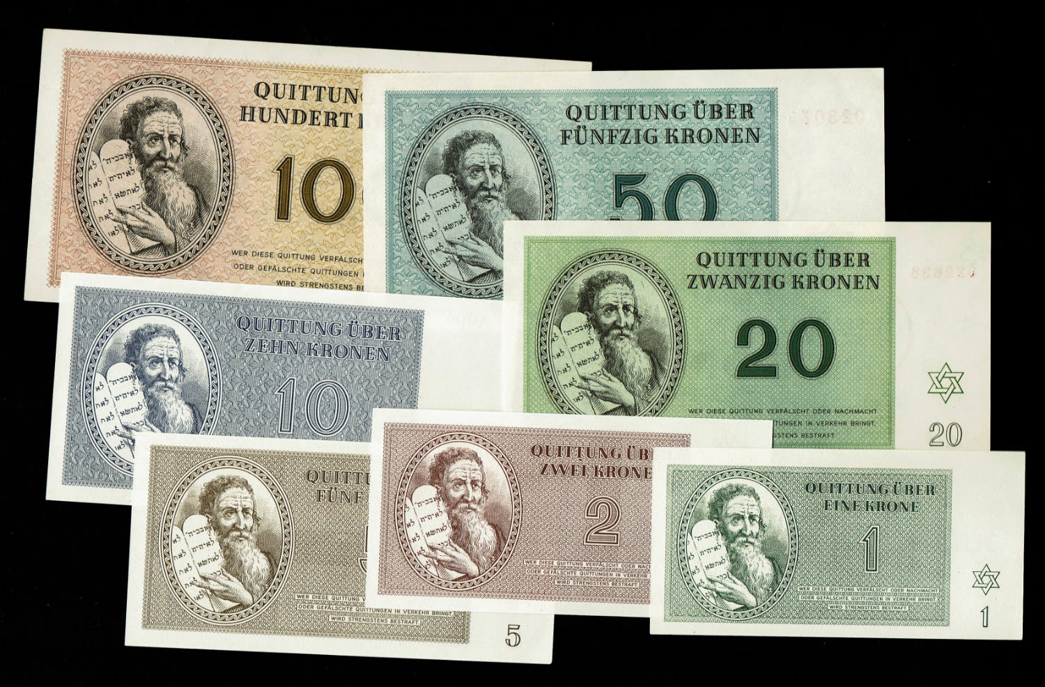 Holocaust concentration camps money - Czechoslovakia - 6 Banknotes 1, 2, 5, 10, 20, 50 Kronen 1943 - Theresientadt ... - 1 0