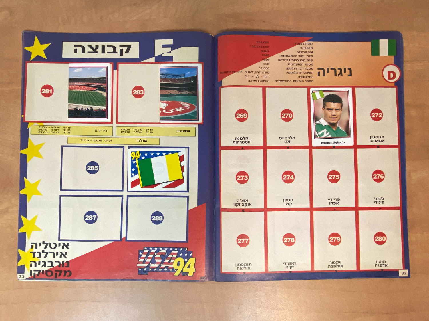 אלבומי מדבקות - אלבום מדבקות מונדיאל 1994 אשר חל בארה"ב, אליפות עולם 94', עברית, נזק לכריכה אשר חלק ממנה גזור ... - 1 9