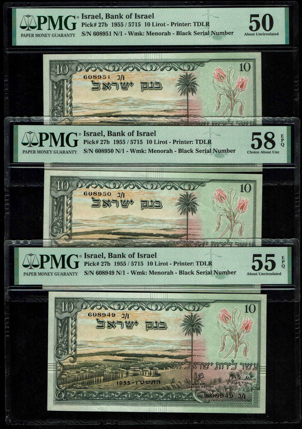 Israel - 3 Banknotes of 10 Lirot 1955 - PMG 50, 55 EPQ, 58 EPQ - Consecutive serial numbers - Black Serial Number - ... - 1 0