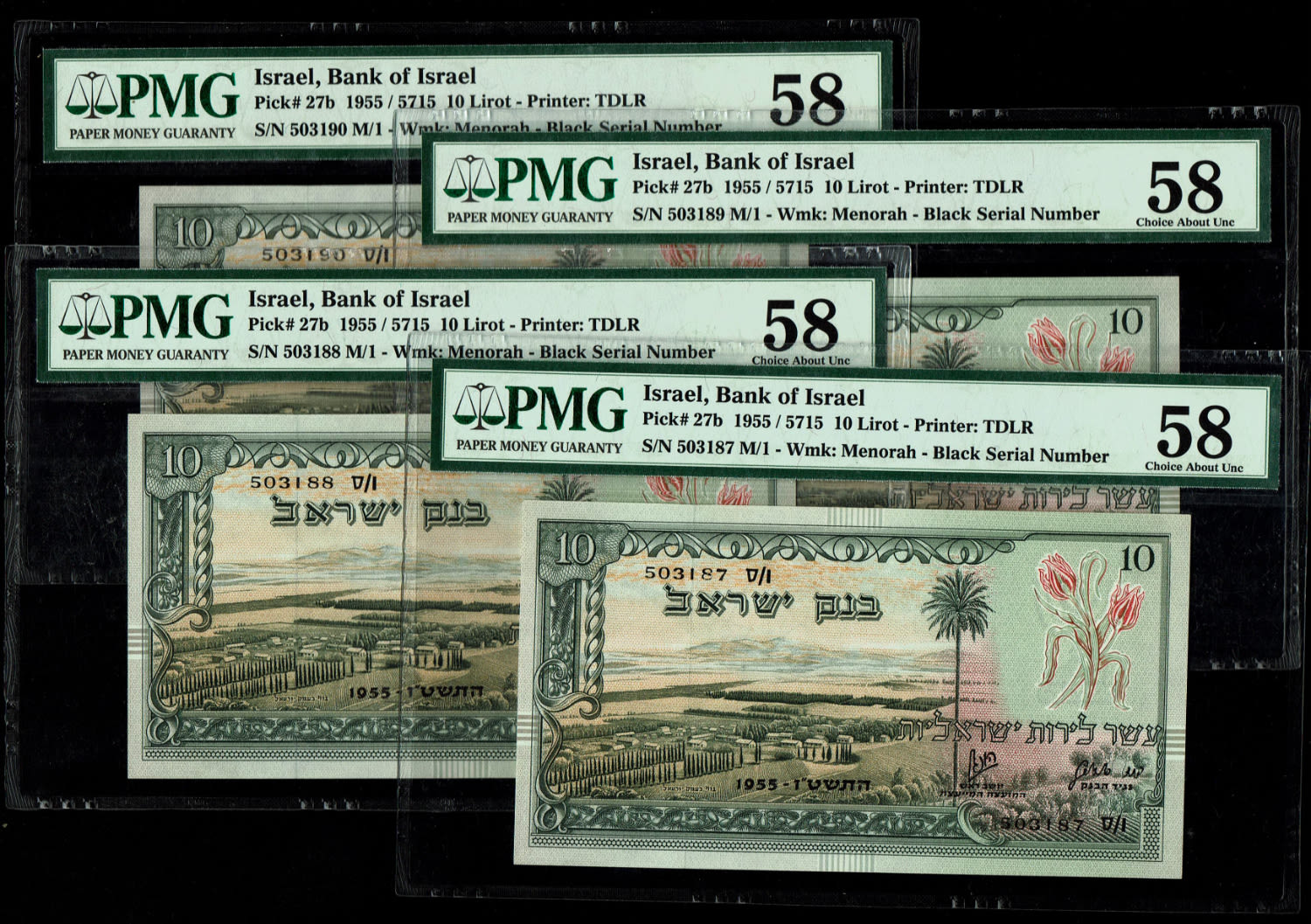 Israel - 4 Banknotnes 10 Lirot 1955 - PMG 58 - Consecutive serial numbers - Black Serial Number - Prefix S - 1 0