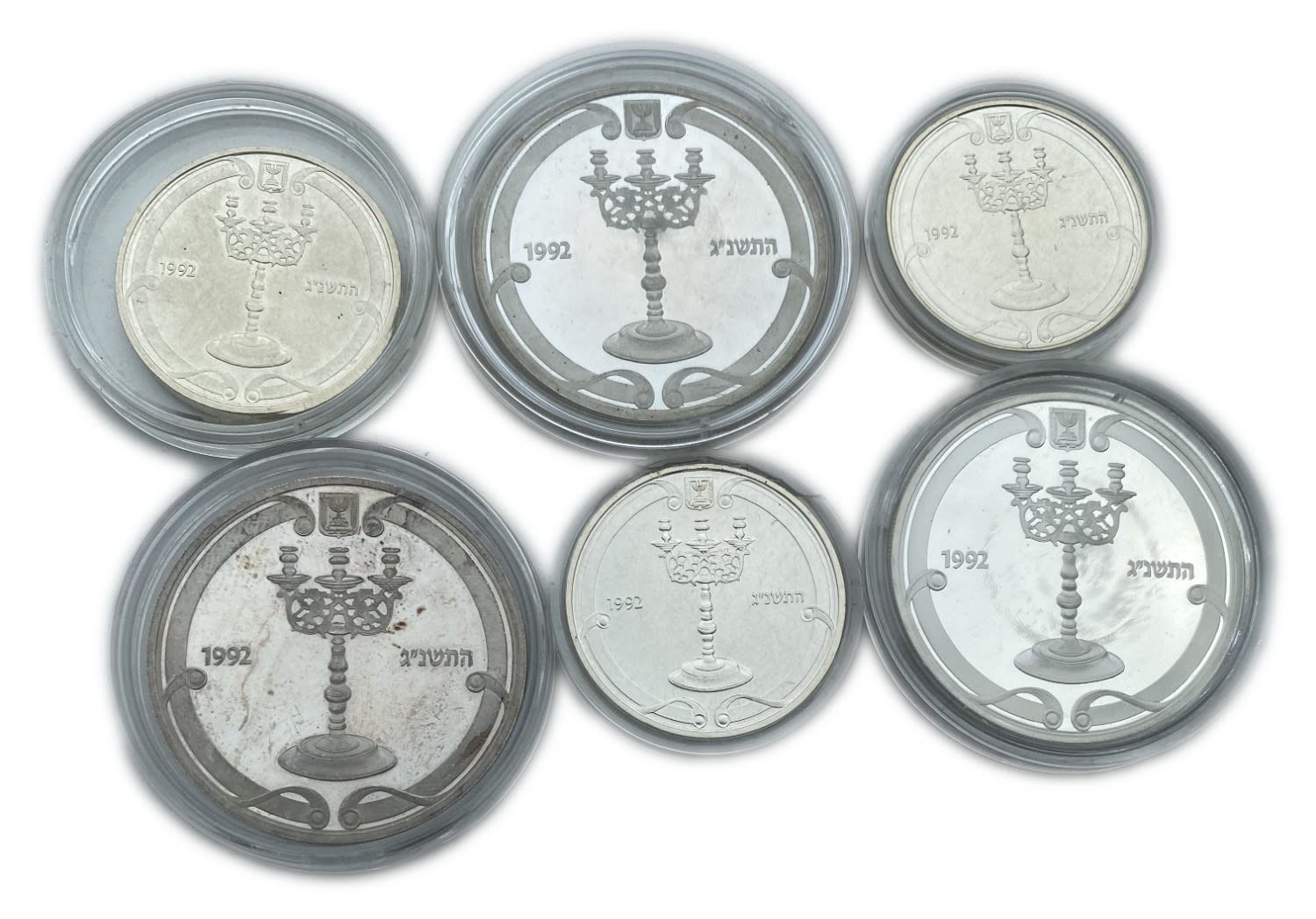 Israel - 3 pairs of coins, 1,2 shekels 1992, Shabbat lamp - 925 silver, 14.4 g, 28.8 g 30 mm, 38.7 mm
... - 1 1