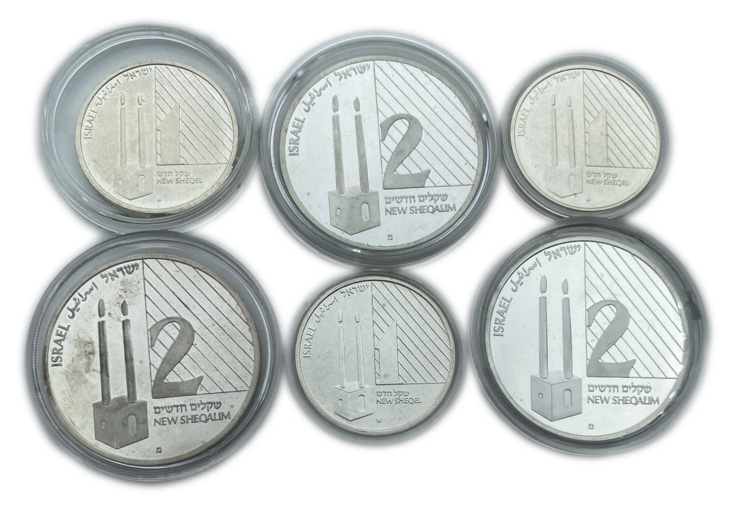 Israel - 3 pairs of coins, 1,2 shekels 1992, Shabbat lamp - 925 silver, 14.4 g, 28.8 g 30 mm, 38.7 mm
... - 1 0