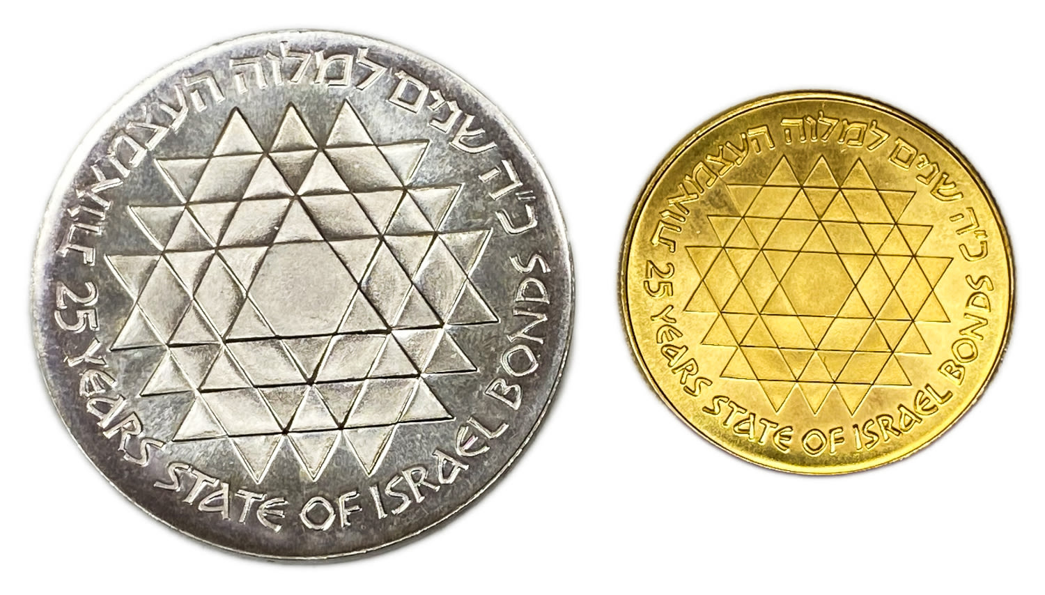 Israel - Lot of 3 coins, State of Israel Bonds 1975 - 1 Silver 800, 30g, 40mm, 1 Gold 900, 20g
... - 1 0