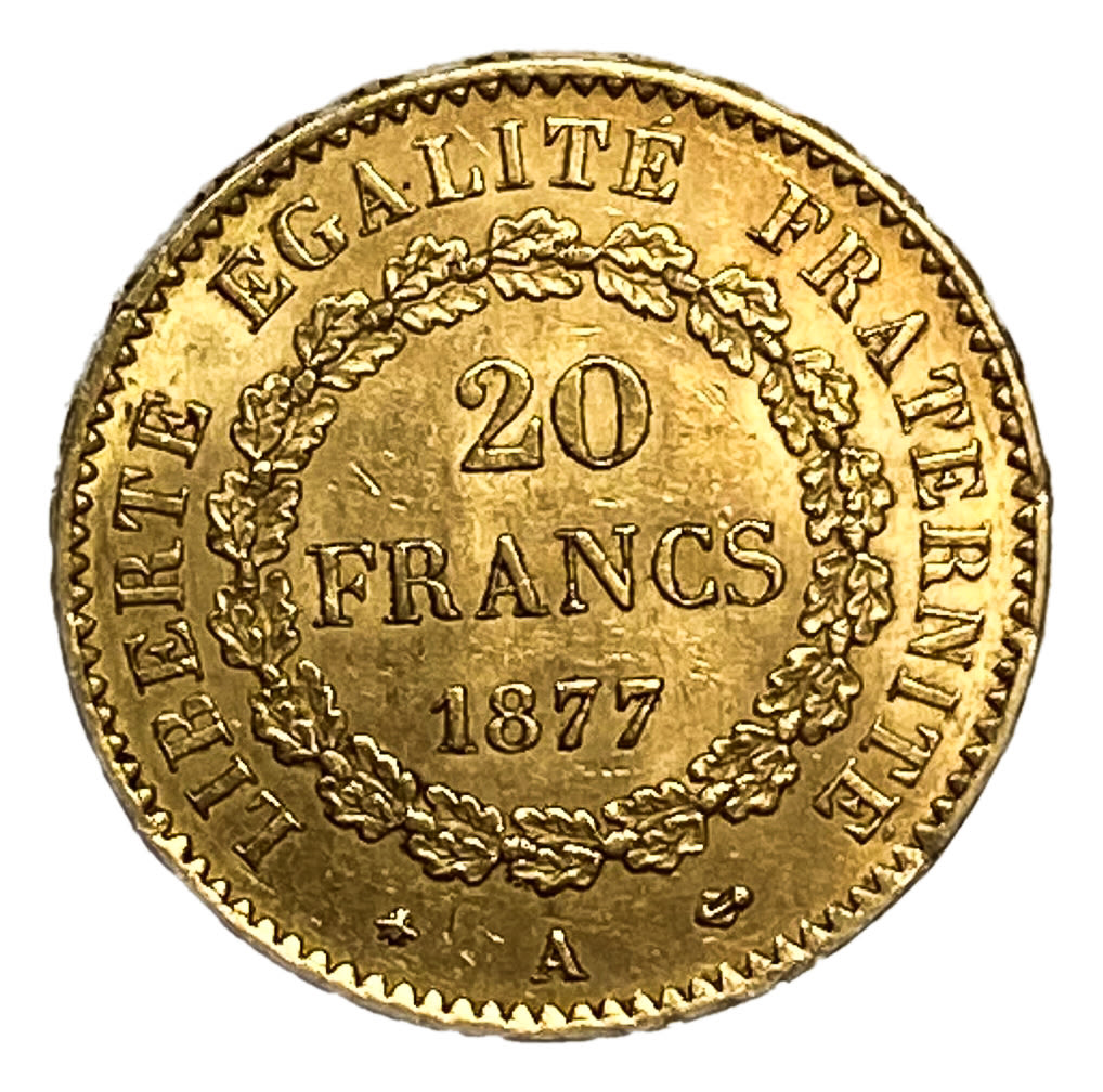 France - 20 Francs 1877 - Gold 900, 6.42g, 21mm - Génie IIIè République, Dupré
Only 10% fees + ... - 1 0