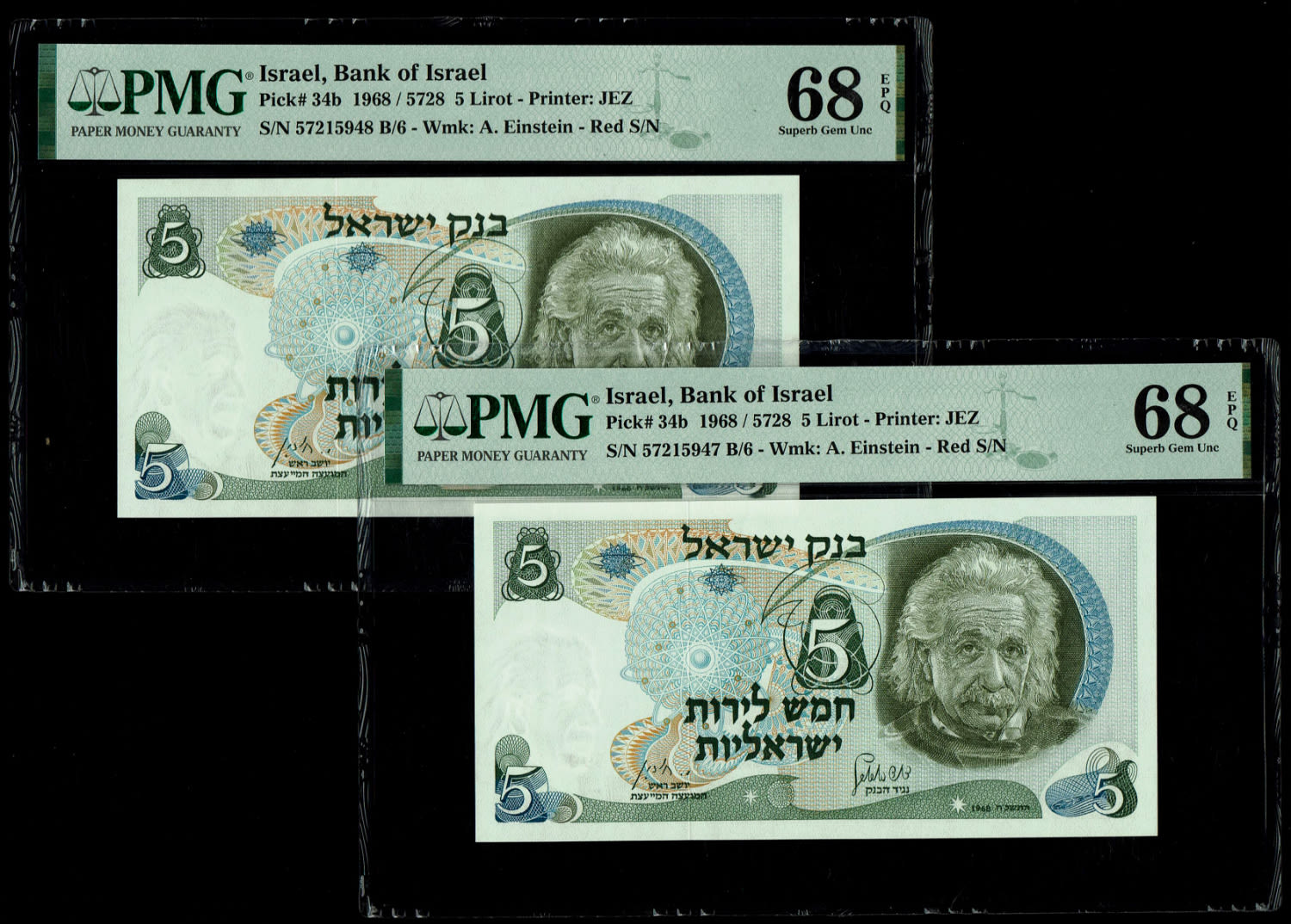 Israel - 2 Banknotes of 5 Pounds 1968 - PMG 68 EPQ - Red Serial Number - Consecutive serial - 1 0