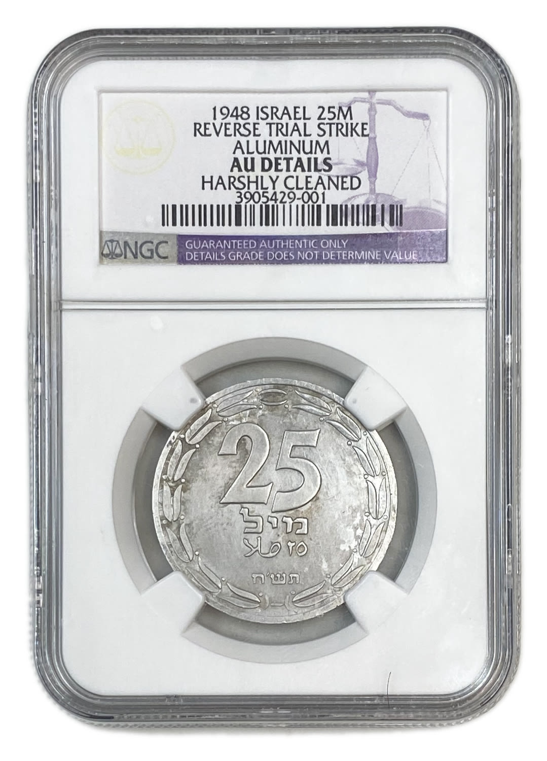 Israel - 25 mils 1948 UNIFACE - NGC AU DETAILS
A coin of 25 mils from 1948, embedded only on one side ... - 1 2