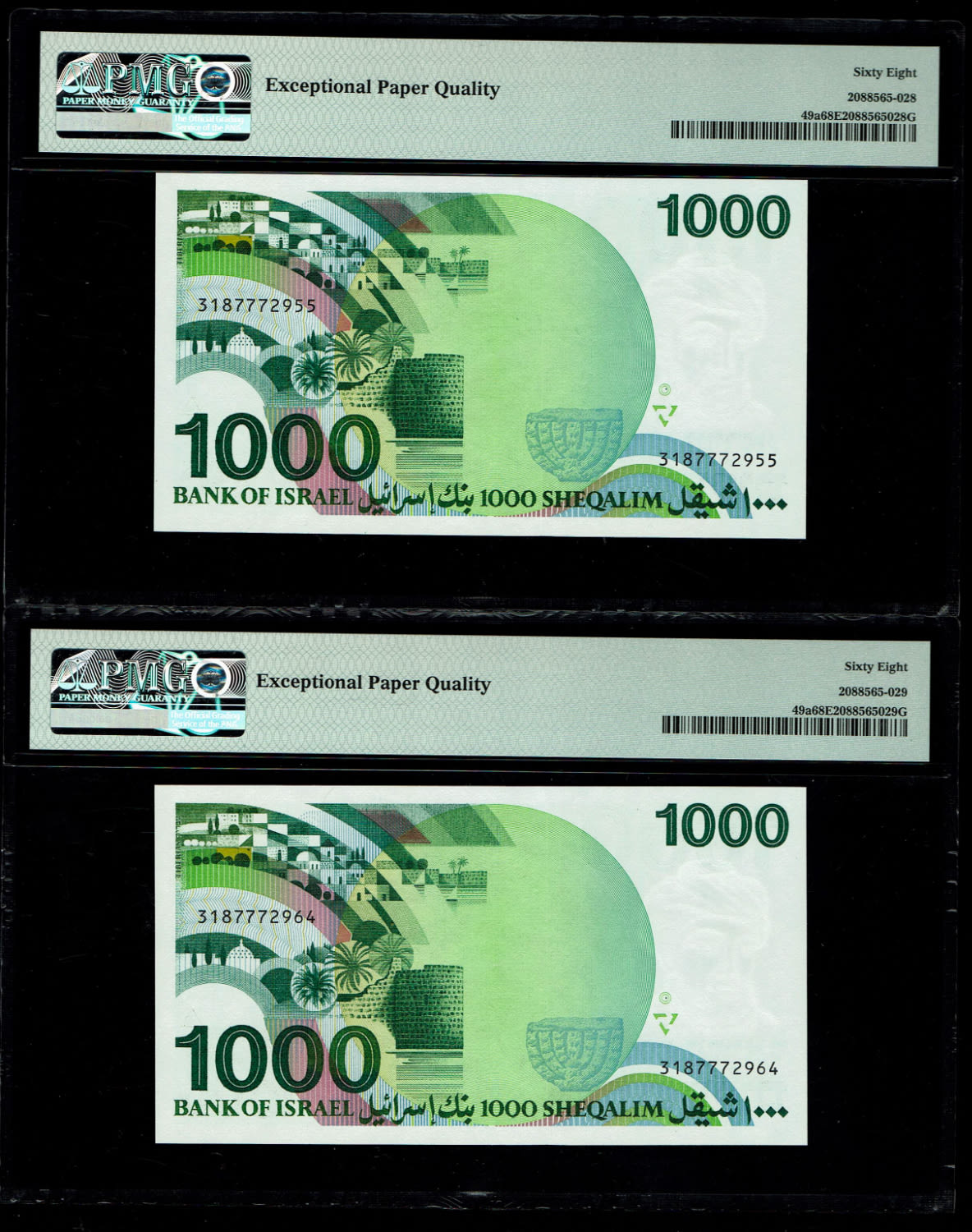 Israel - 2 Banknotes of 1000 Shekels 1983 - "Rarav" - Consecutive serial numbers - PMG 68 EPQ - 1 2