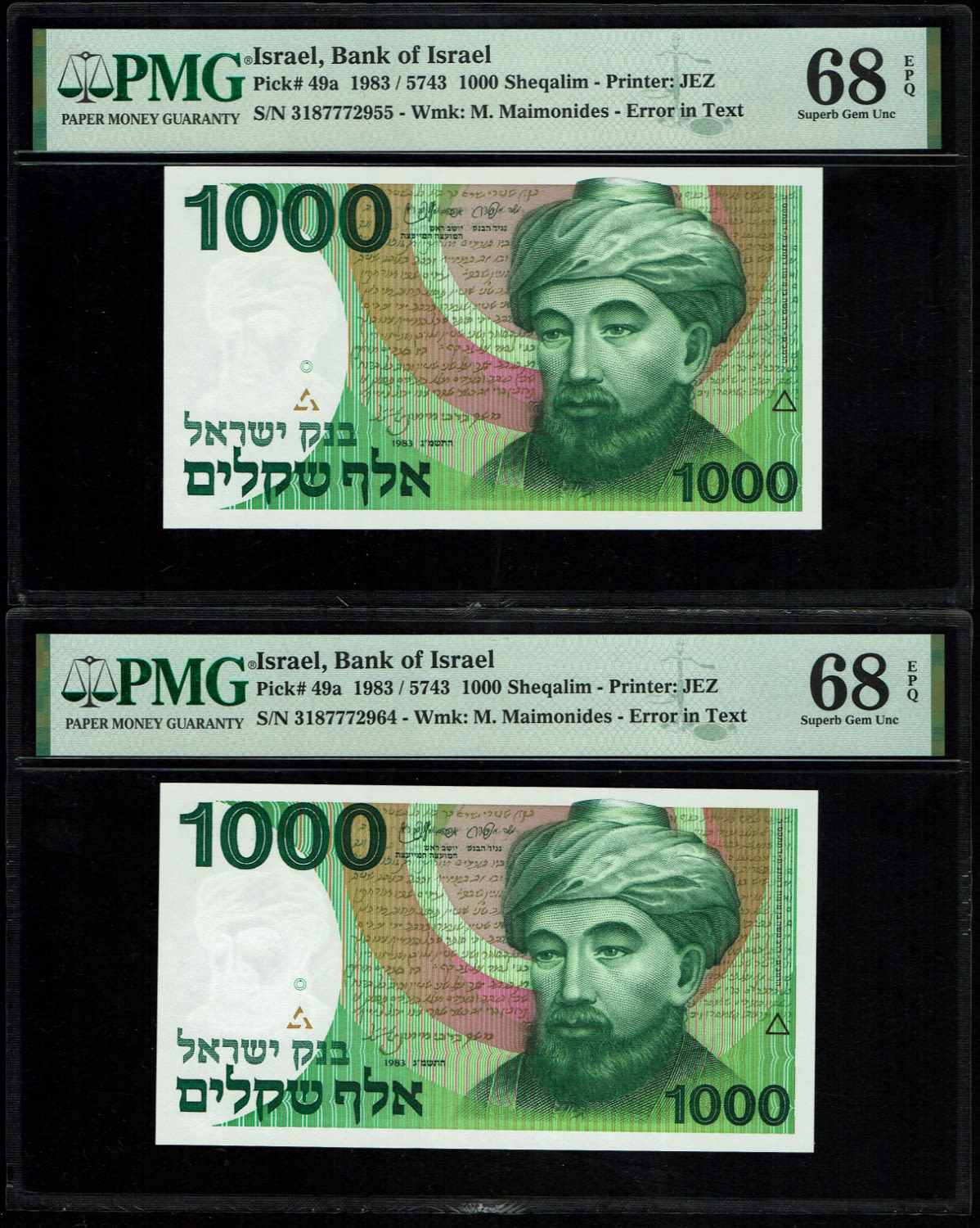 Israel - 2 Banknotes of 1000 Shekels 1983 - "Rarav" - Consecutive serial numbers - PMG 68 EPQ - 1 1