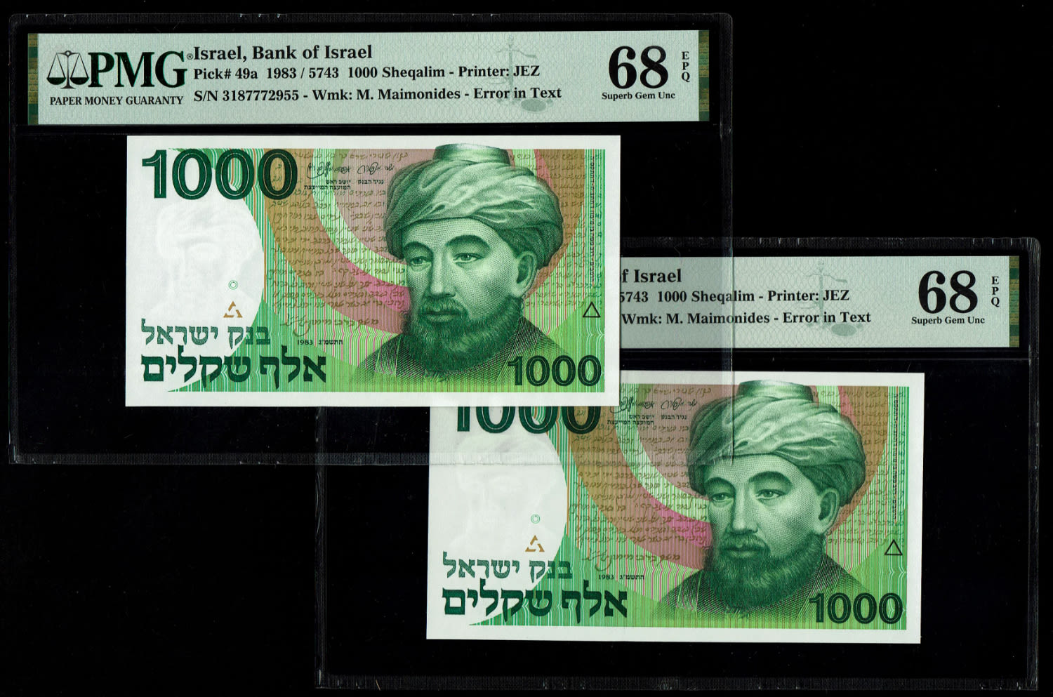 Israel - 2 Banknotes of 1000 Shekels 1983 - "Rarav" - Consecutive serial numbers - PMG 68 EPQ - 1 0