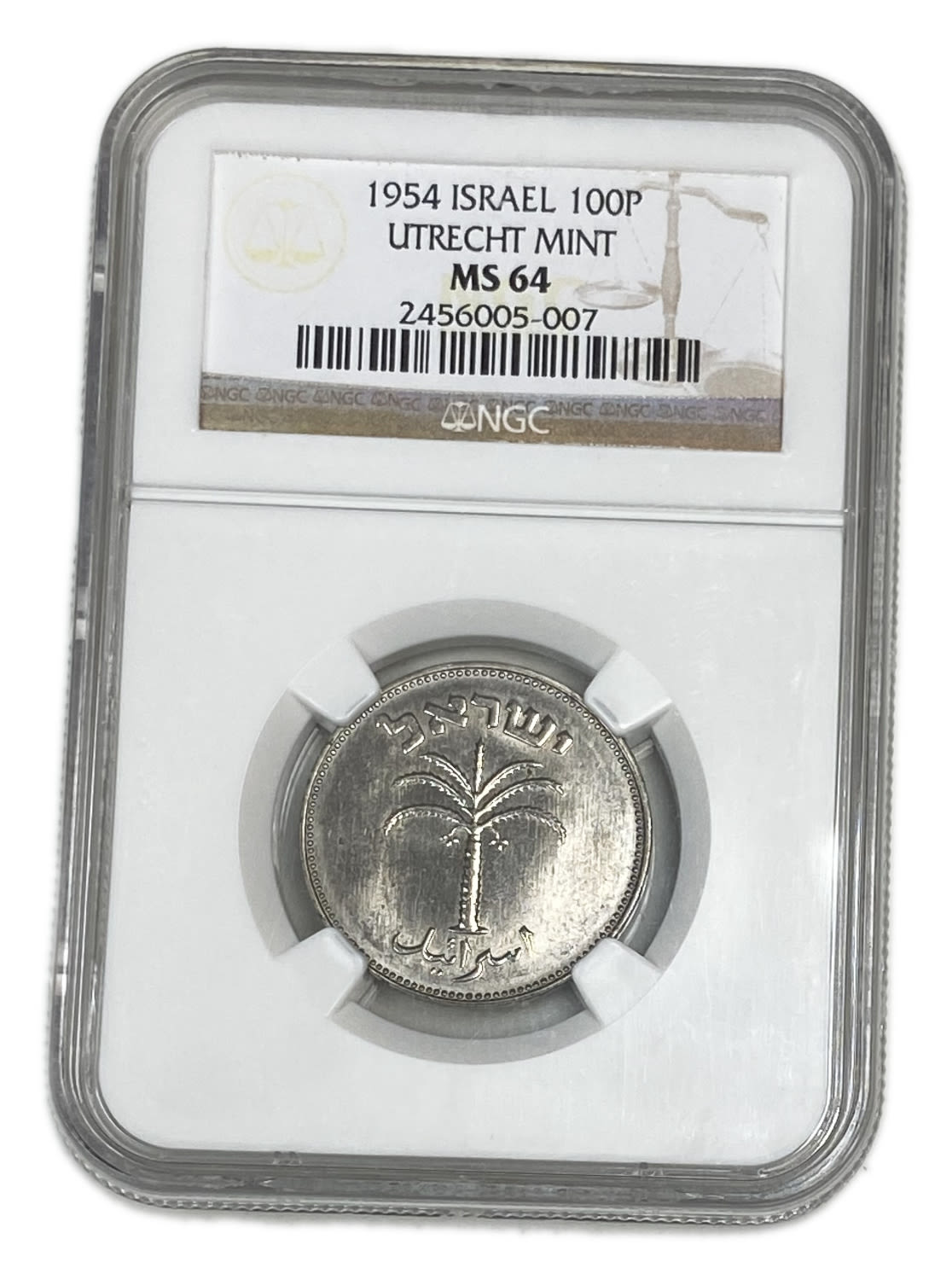 Israel - 100 Pruta 1954 - Utrecht die - NGC MS 64
Only two coins are graded above this grade in both of the ... - 1 2