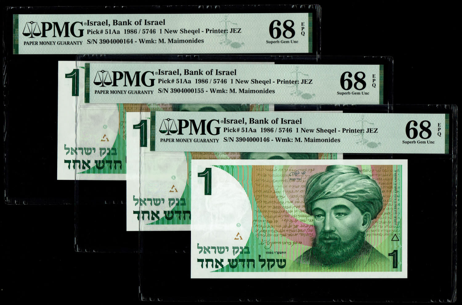 Israel - 3 Banknotes of 1 New Shekel 1986 - Consecutive serial numbers - PMG 68 EPQ - 1 0
