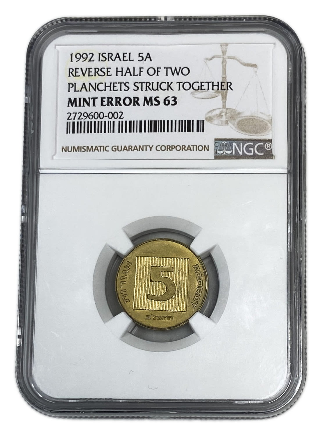 Israel - 5 Agorot 1992 - Minting error - Uniface - NGC MS 63
Obverse:​Replica of a coin from the ... - 1 3