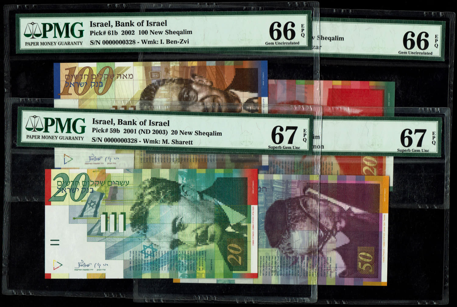 Israel - Set of banknotes with identical numbers, the new shekel series B - 20, 50, 100 and 200 shekels 2001, 2002 ... - 1 0