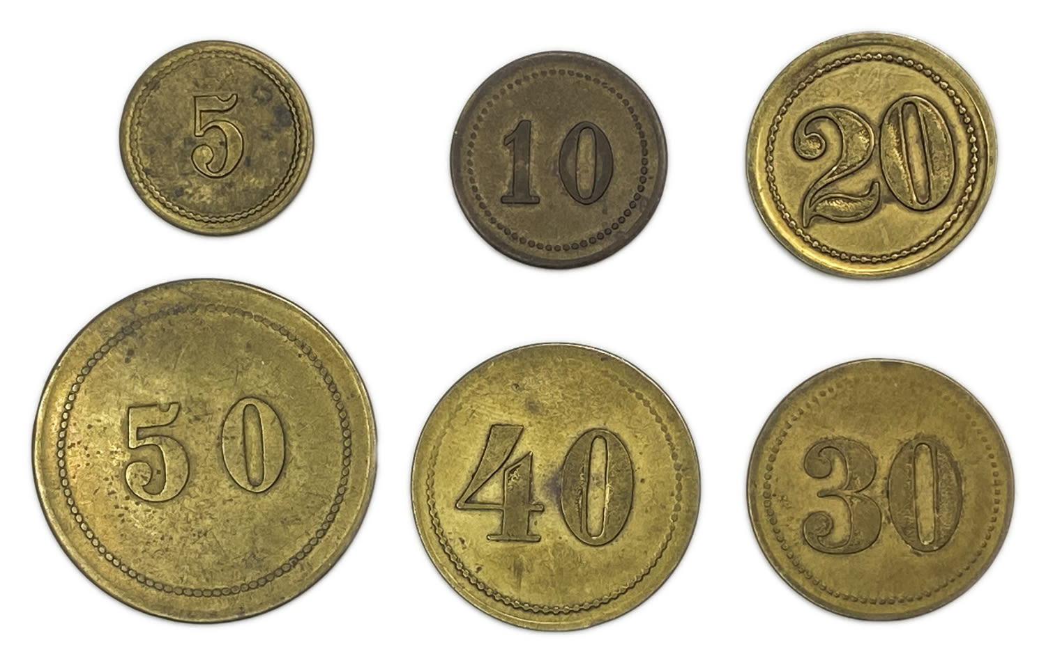 Palestine - Cafe werner token - All denominations, 5, 10, 20, 30, 40 and 50 mil, bronze - VF-XF - rare
... - 1 0