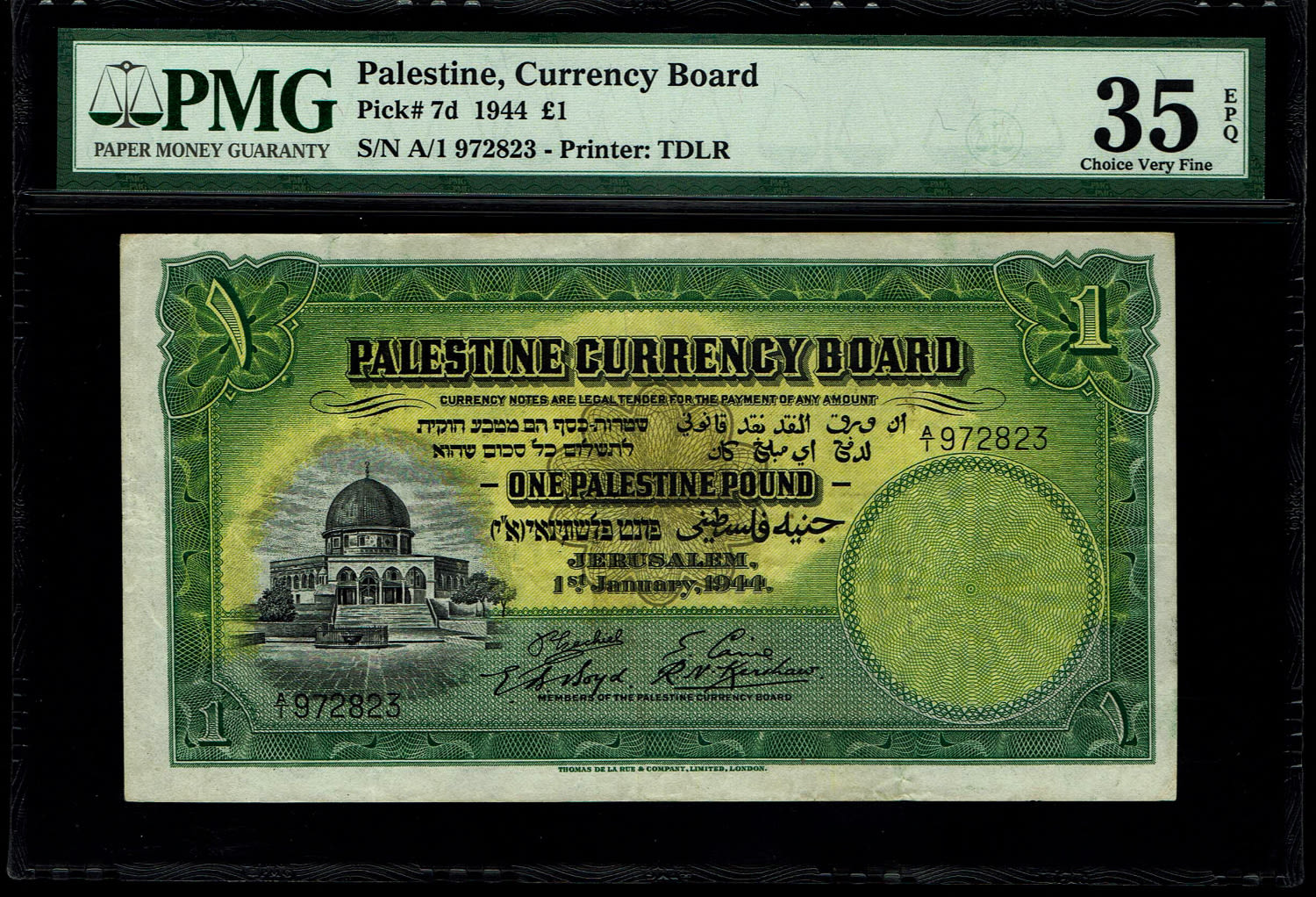 Palestine - 1 Pound 1944 - PMG 35 EPQ - Prefix A - 1 0