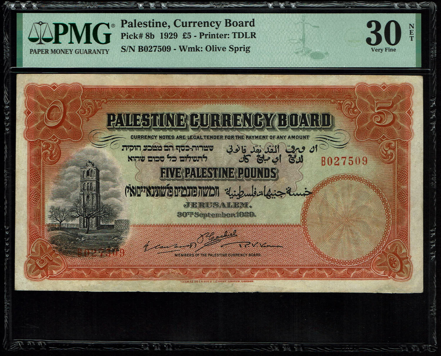 Palestine - 5 Pounds 1929 - PMG 30 NET - Prefix B - 1 0