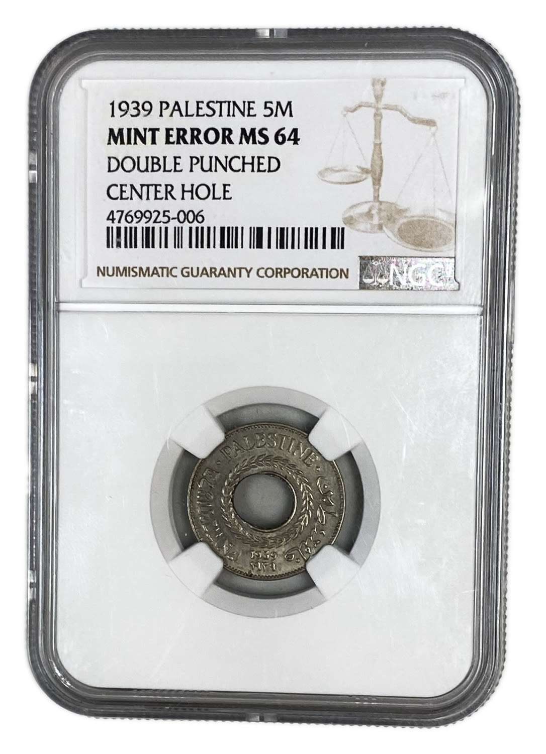 Palestine - 5 Mils 1939 - Minting error - Double Punched - NGC MS 64 - Rare
MIL, was the Hebrew name ... - 1 2
