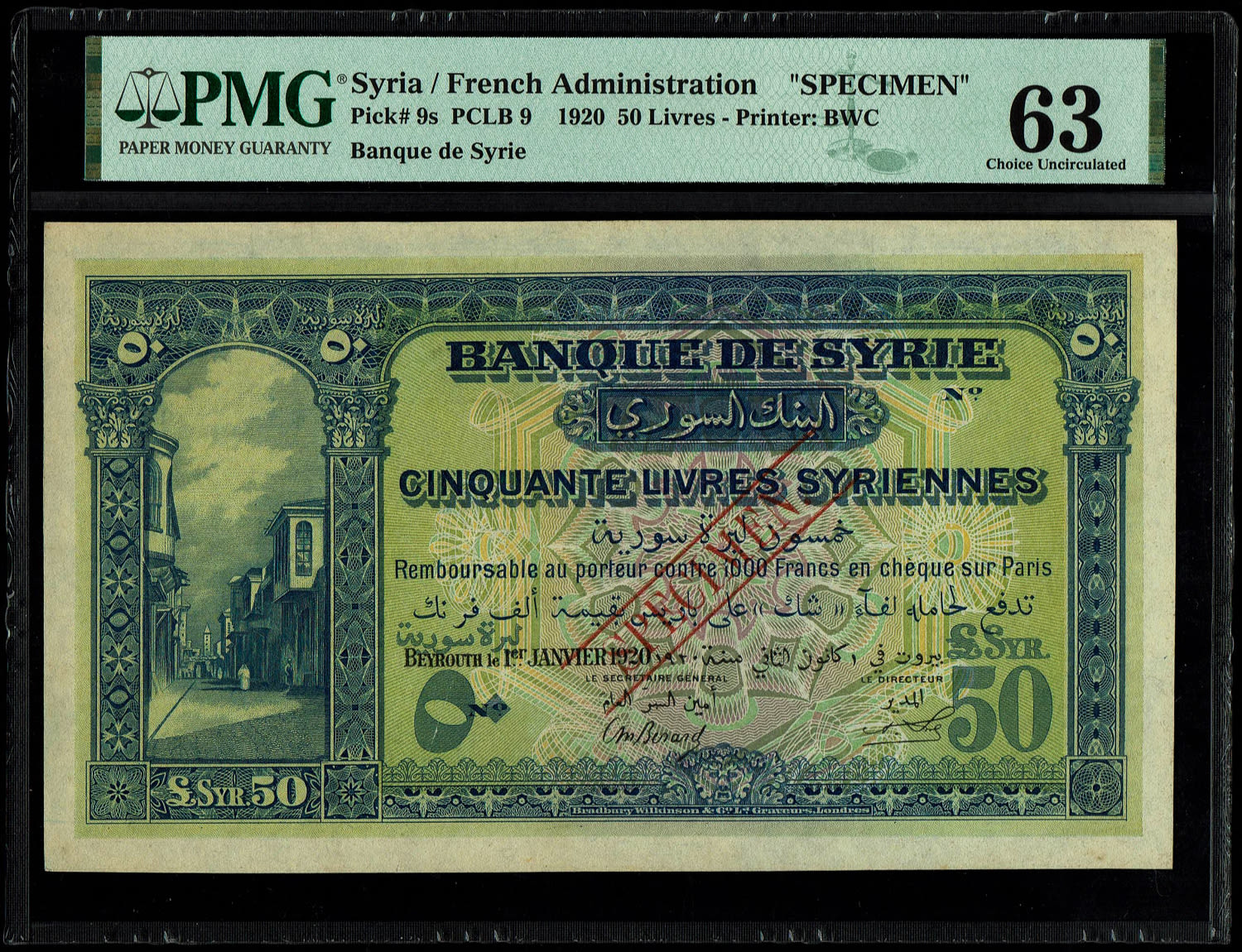 Syria - 50 Livers 1920 - French Administration - SPECIMEN - PMG 63 - Rare - 1 0